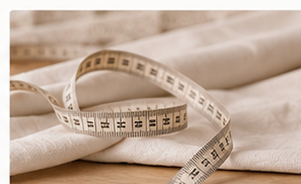 Fabric and measuring tape for HIBA Fabrics guide to buying fabric by the meter online.