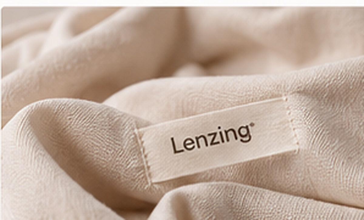 Soft lyocell-style fabric with a Lenzing label for HIBA Fabrics editorial coverage of Lenzing Q1 2026.