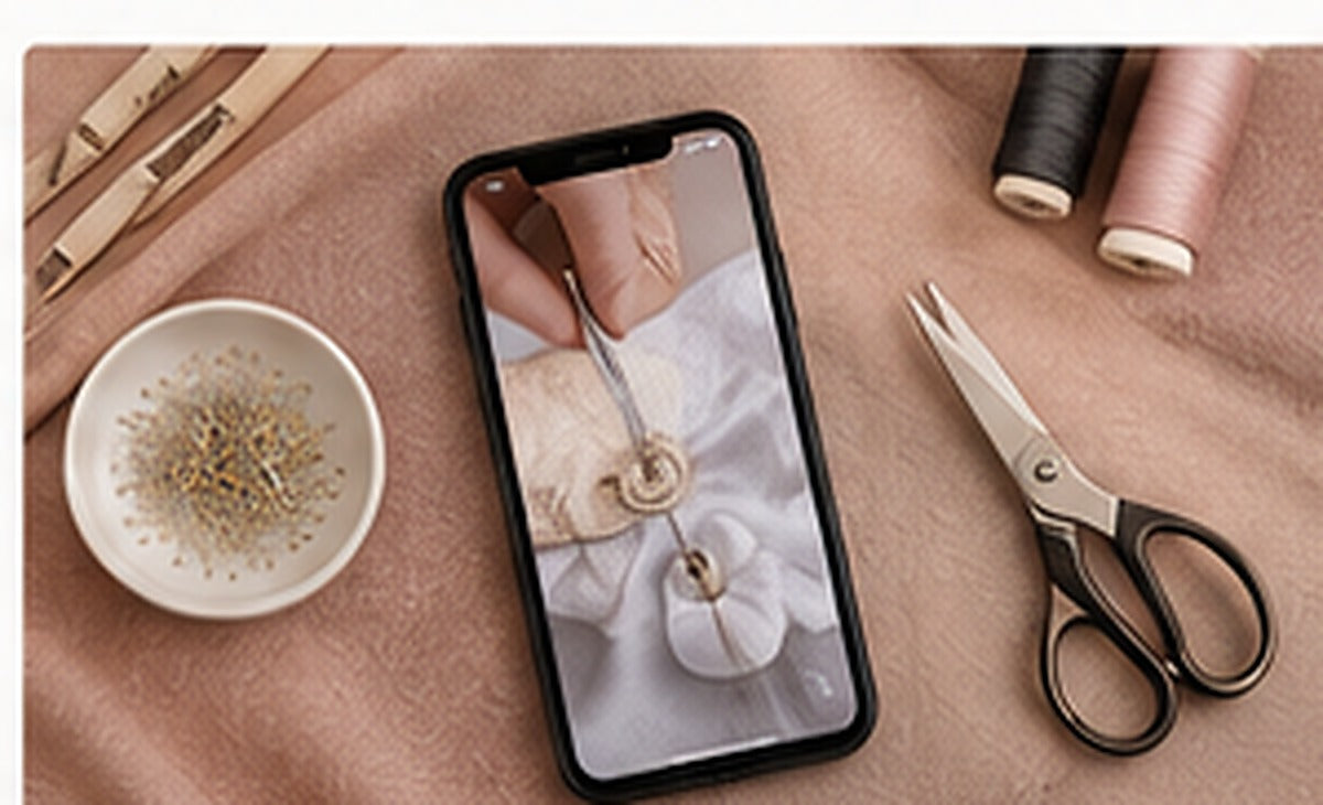 Sewing tools, fabric and a smartphone for HIBA Fabrics editorial coverage of self-taught designers and sewing TikTok.