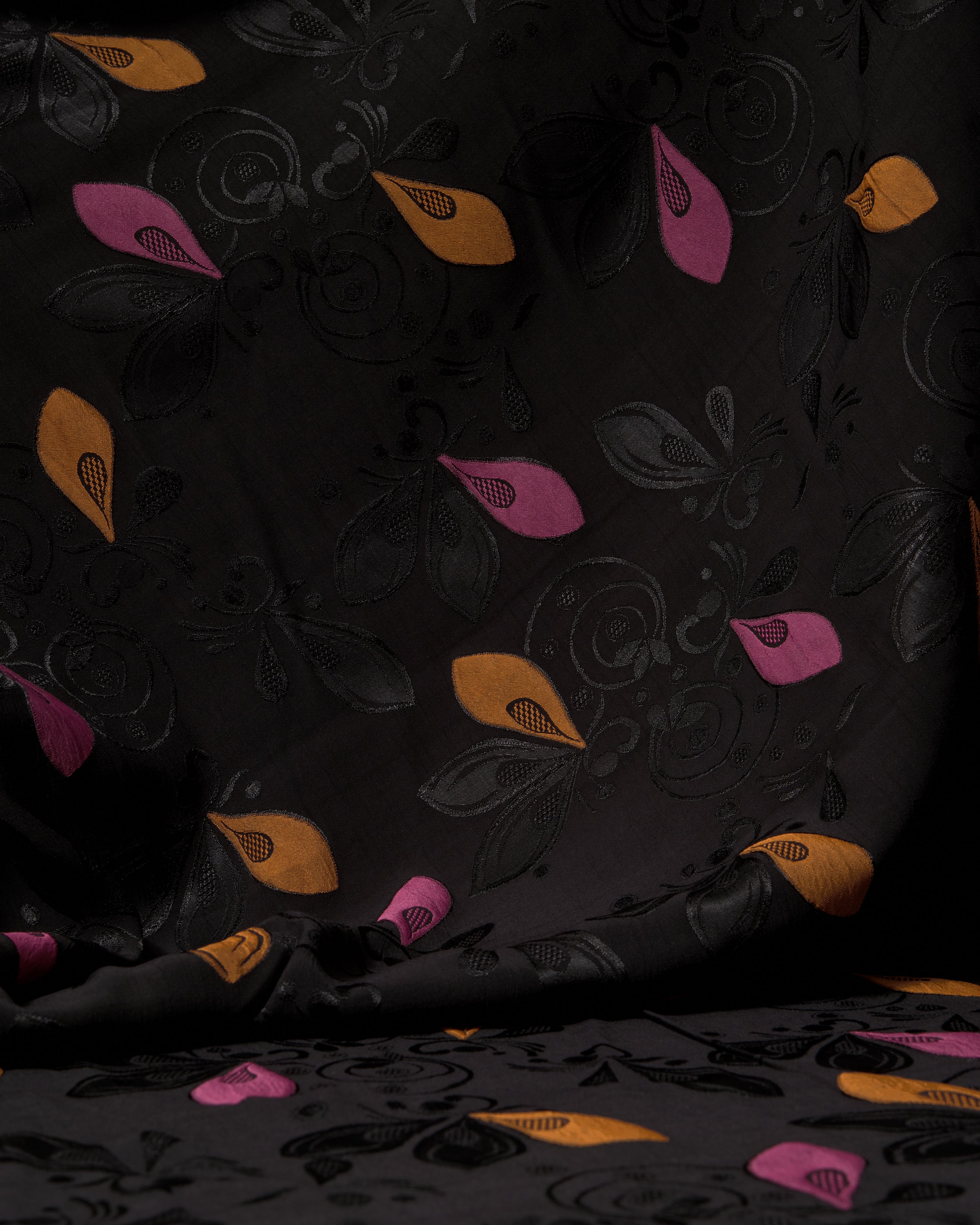 Bamboo Embossed Jacquard Mustard Pink Rose Leaf - Hiba Fabrics