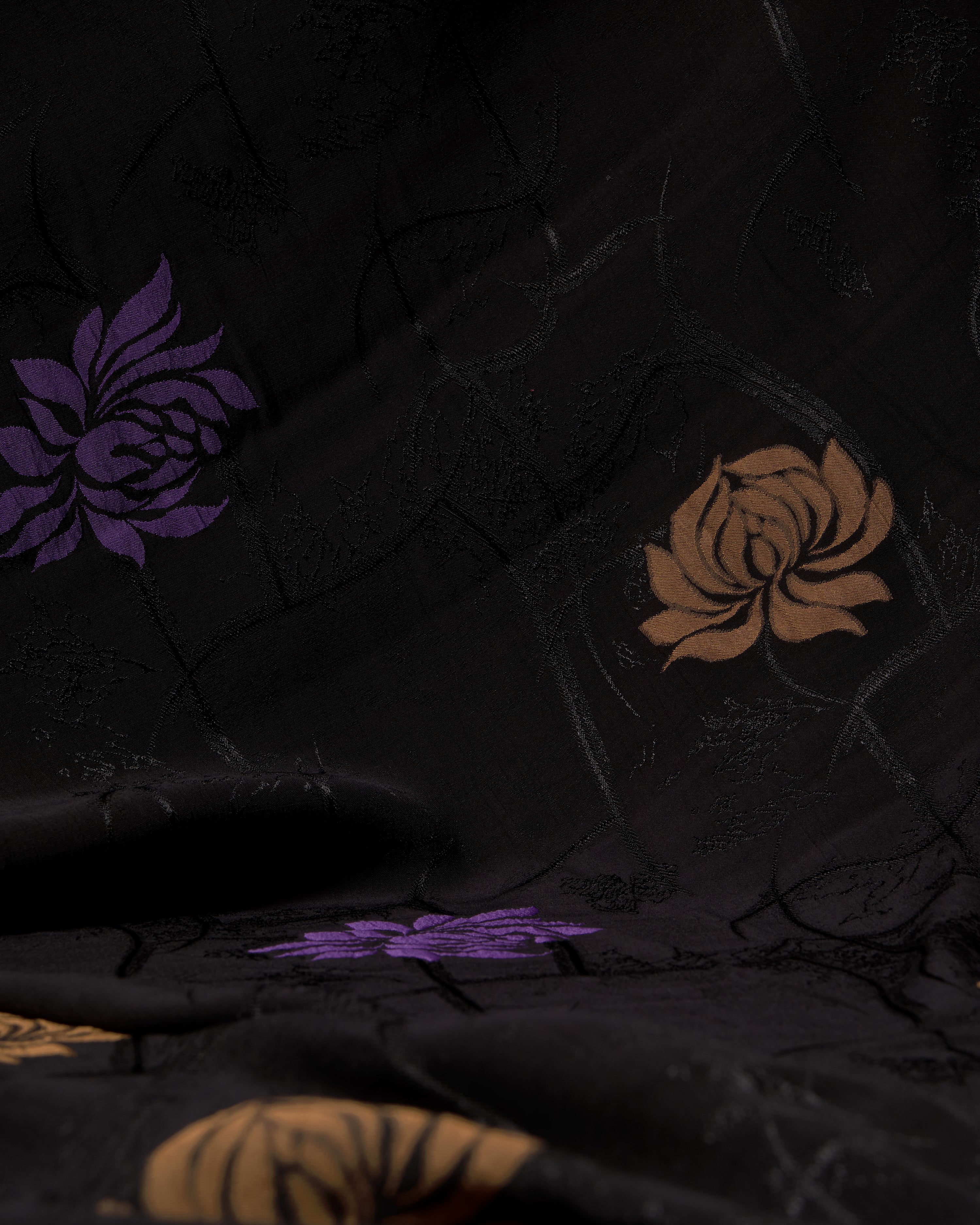 Bamboo Embossed Jacquard Mustard Purple Rose Tulip - Hiba Fabrics