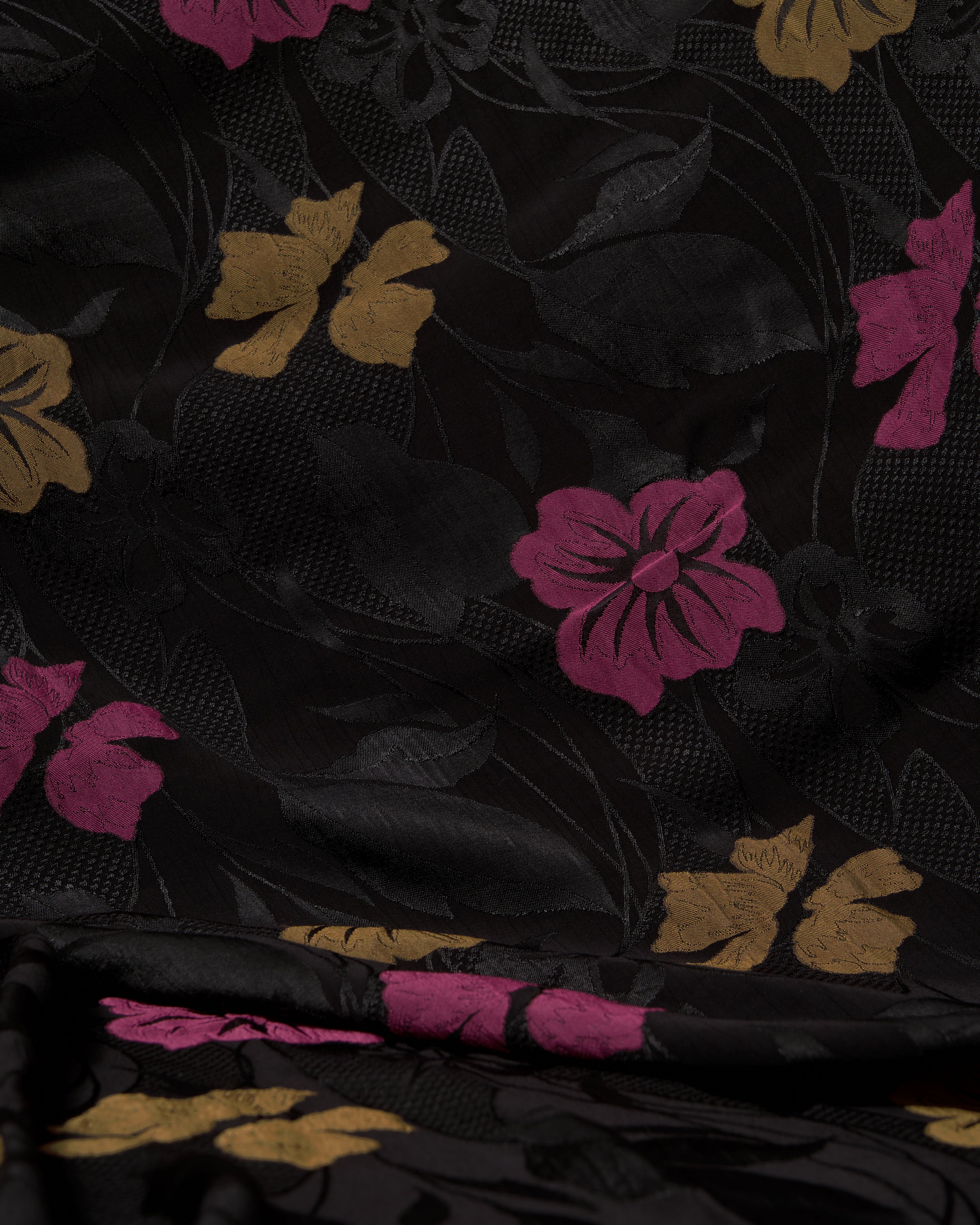 Bamboo Embossed Jacquard Mustard Pink Rose Flower - Hiba Fabrics