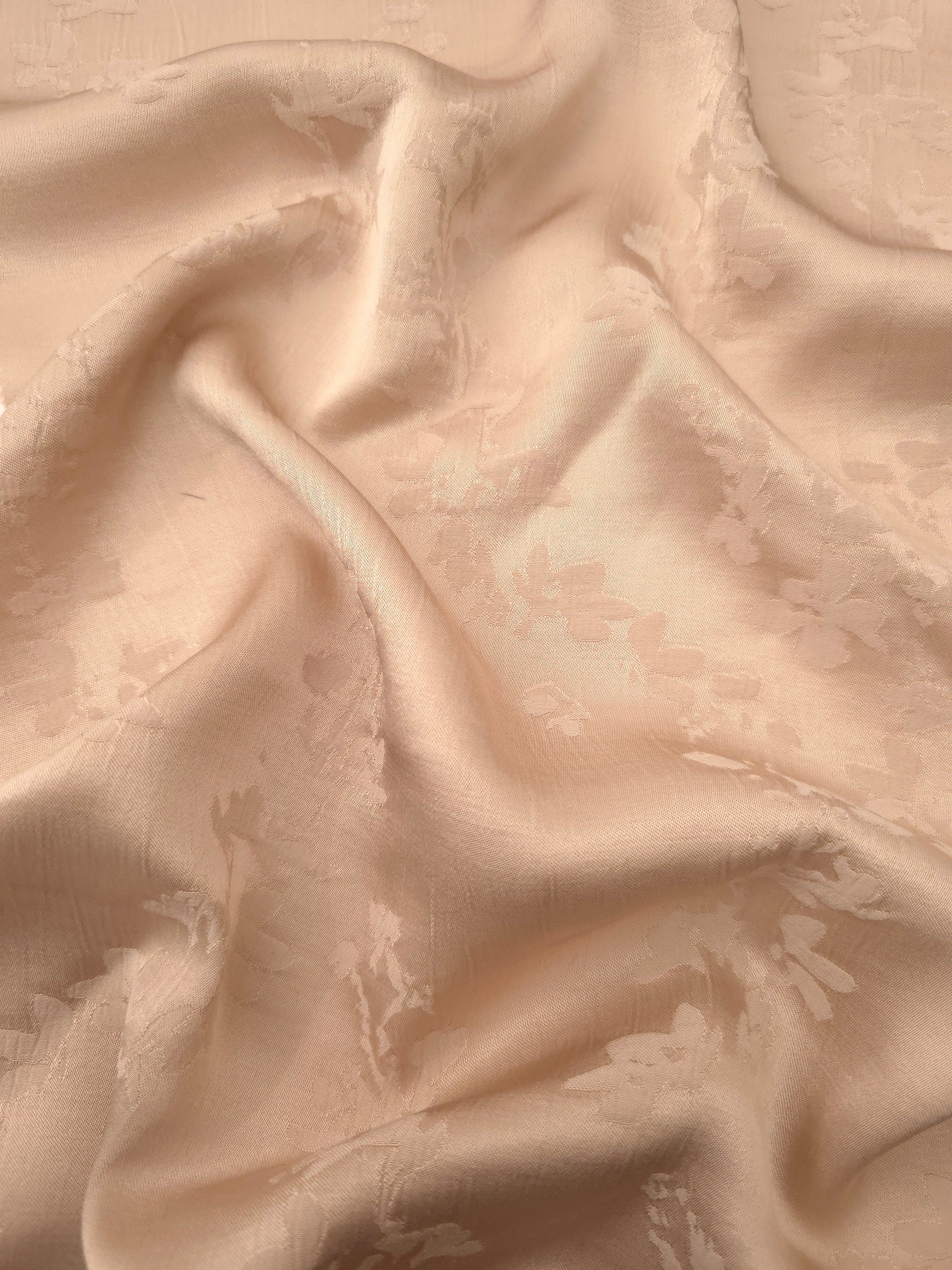 Warm beige petal flower print viscose fabric with fluid garment drape