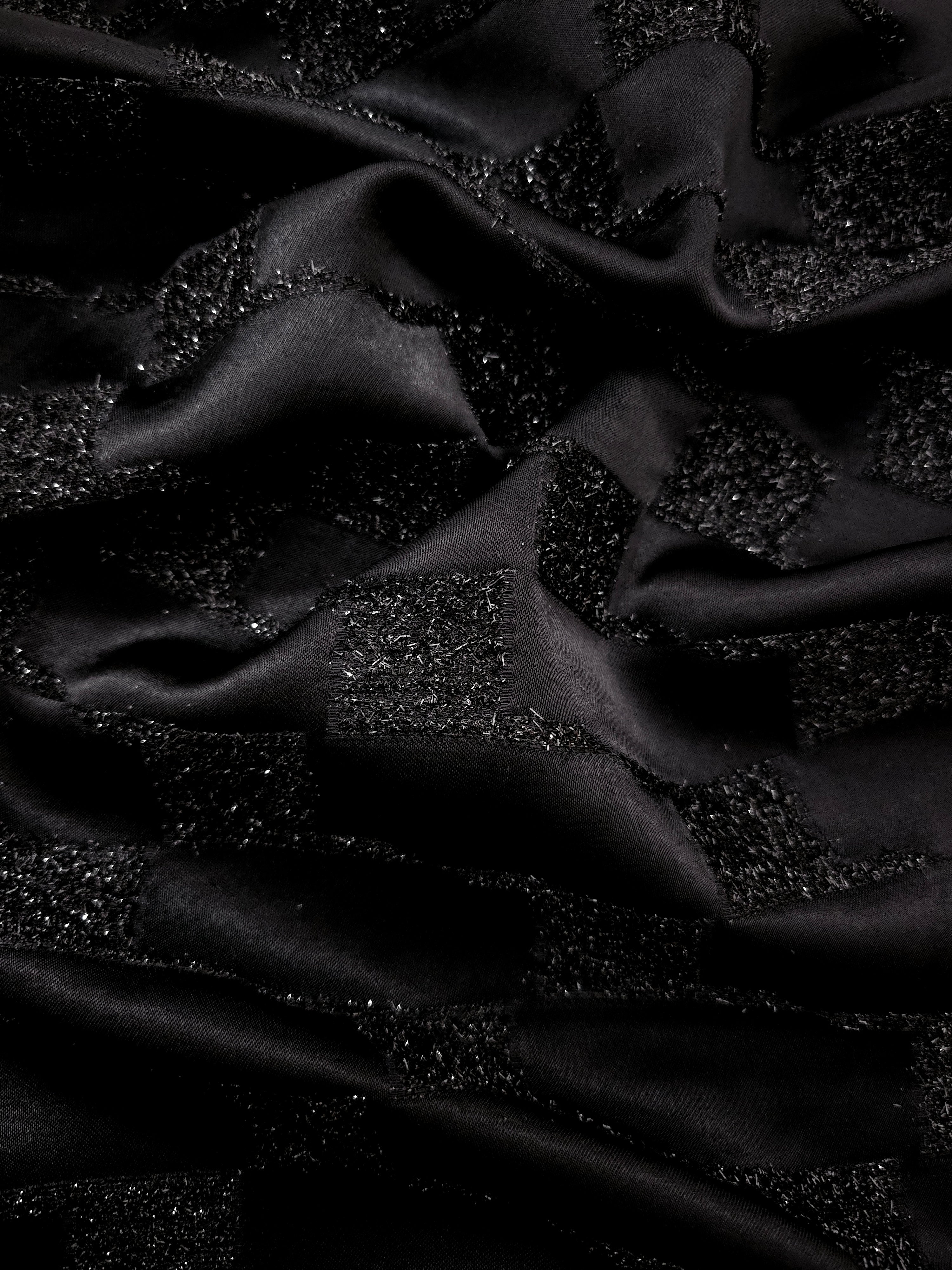Metallic Black viscose jacquard fabric with Metallic Basket Weave textured pattern