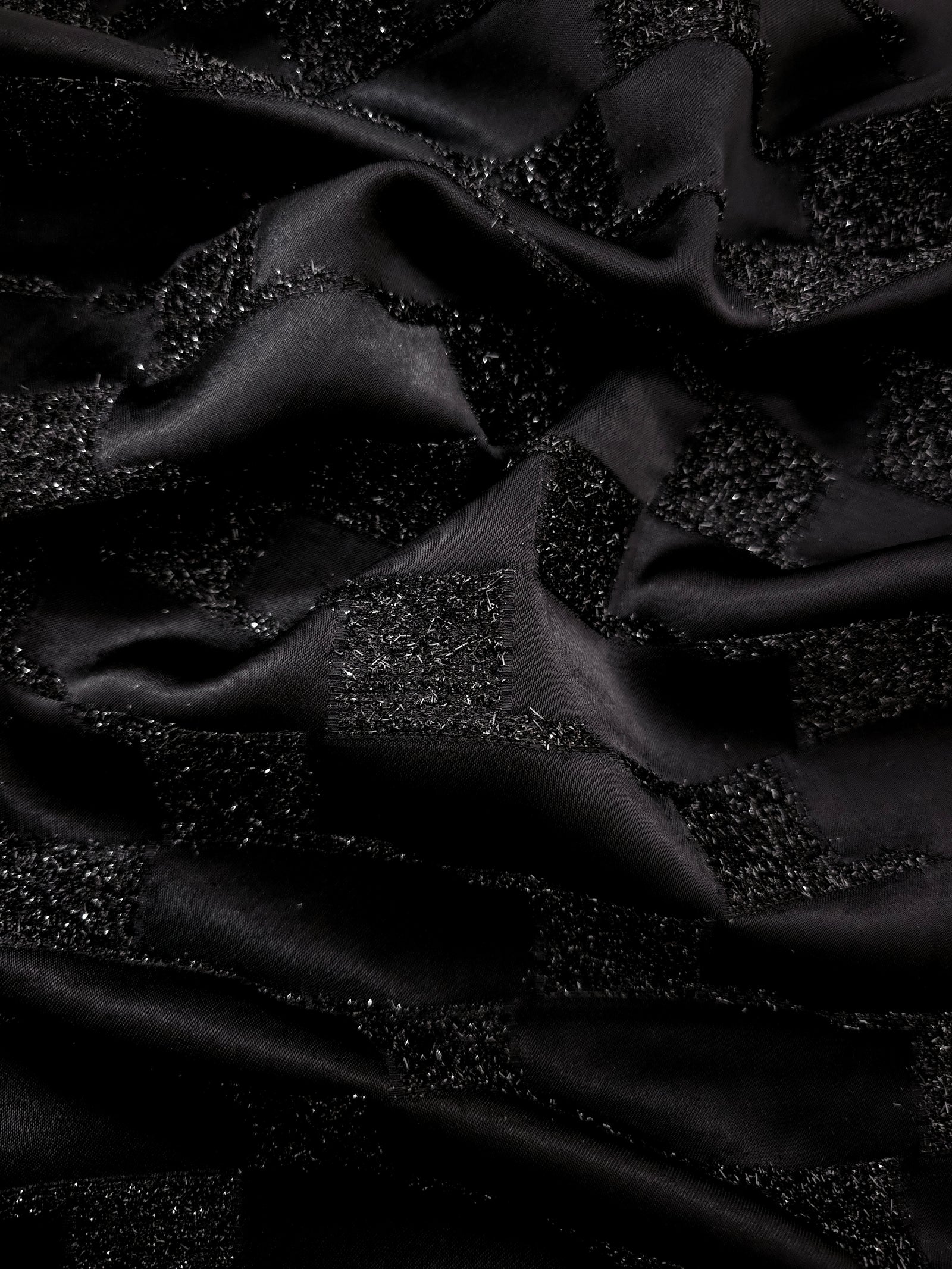 Metallic Black viscose jacquard fabric with Metallic Basket Weave textured pattern