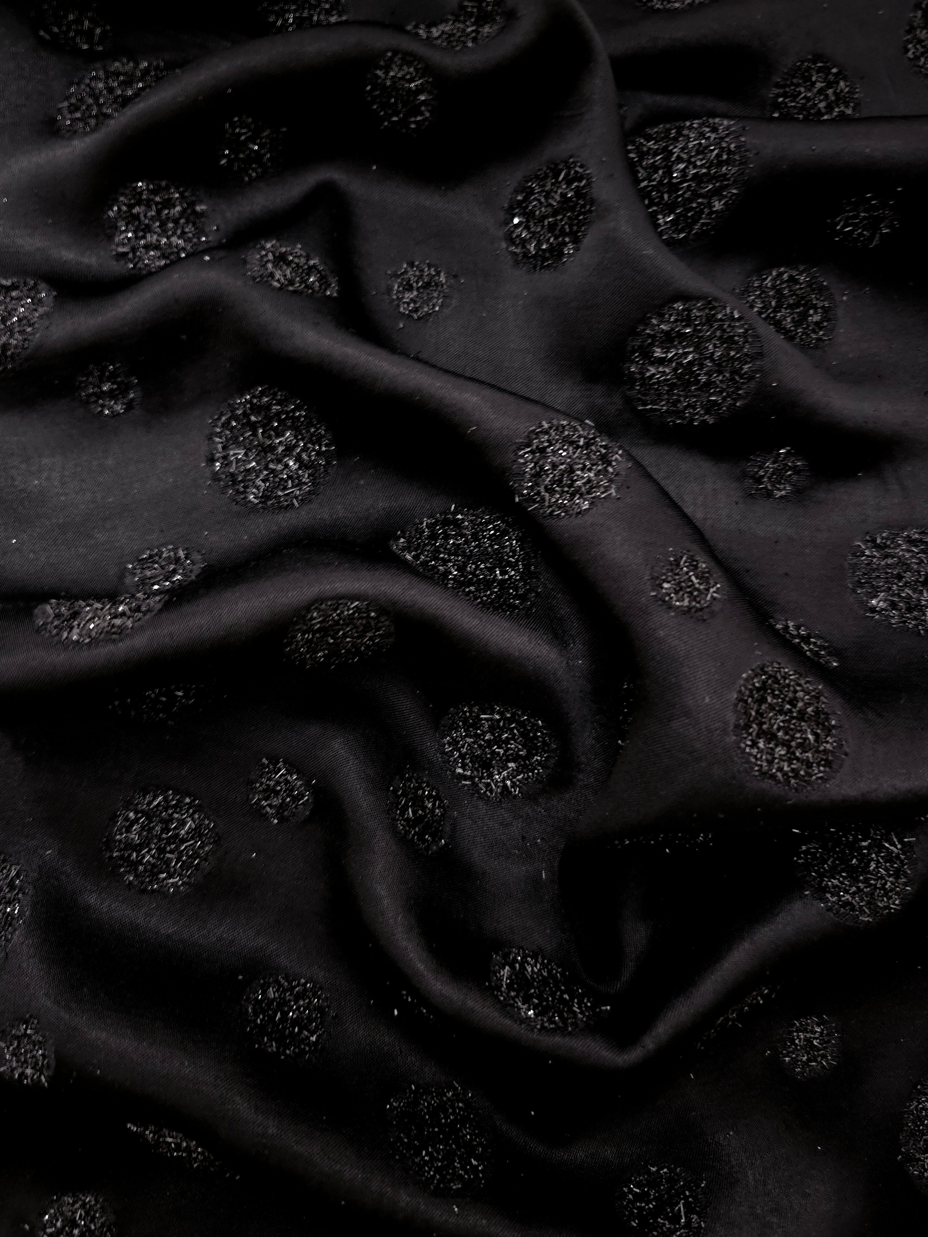 Metallic Black viscose jacquard fabric with Metallic Confetti Dot design, textured surface view