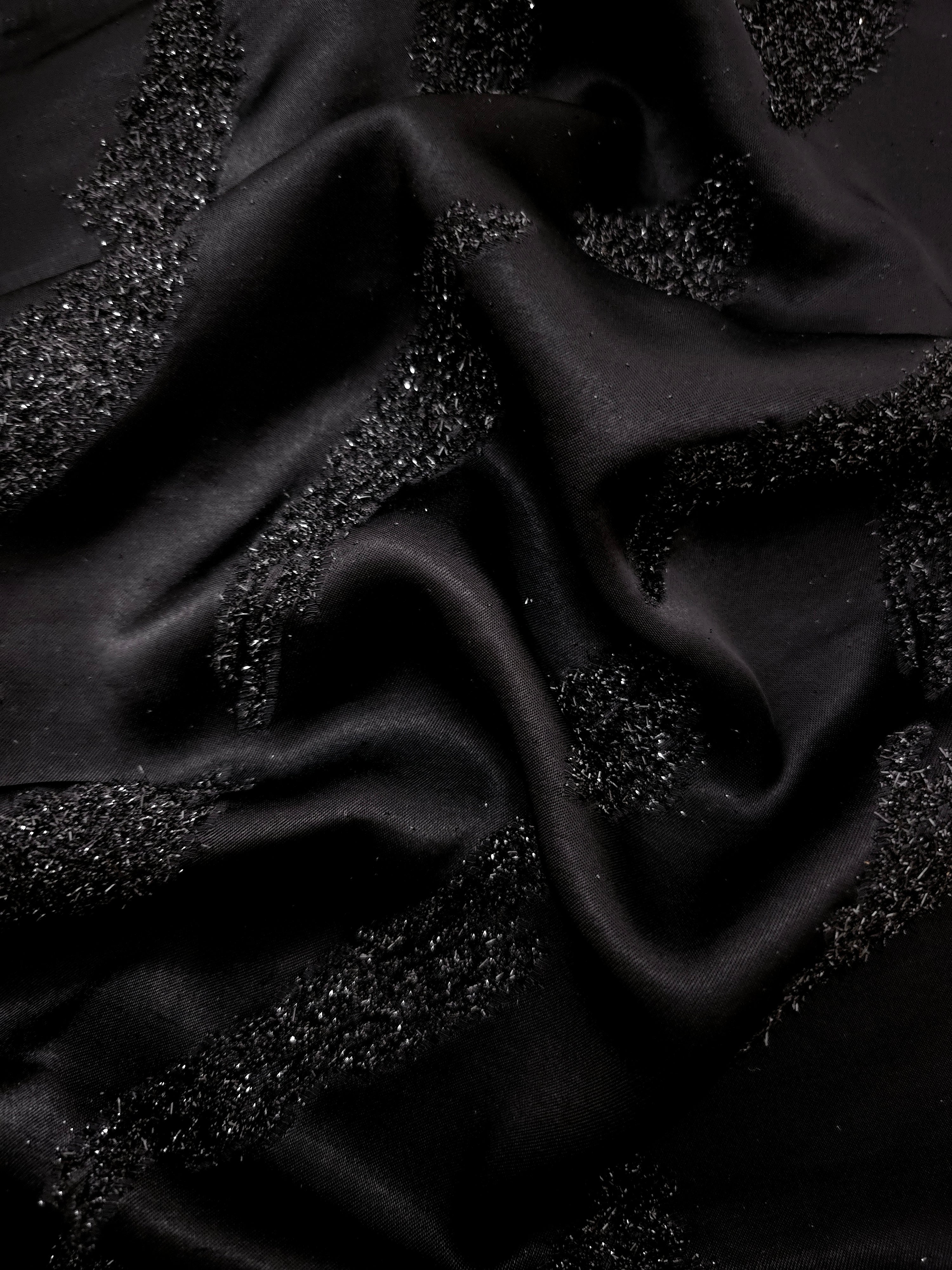 Metallic Black viscose jacquard fabric with Metallic Brushstroke textured pattern