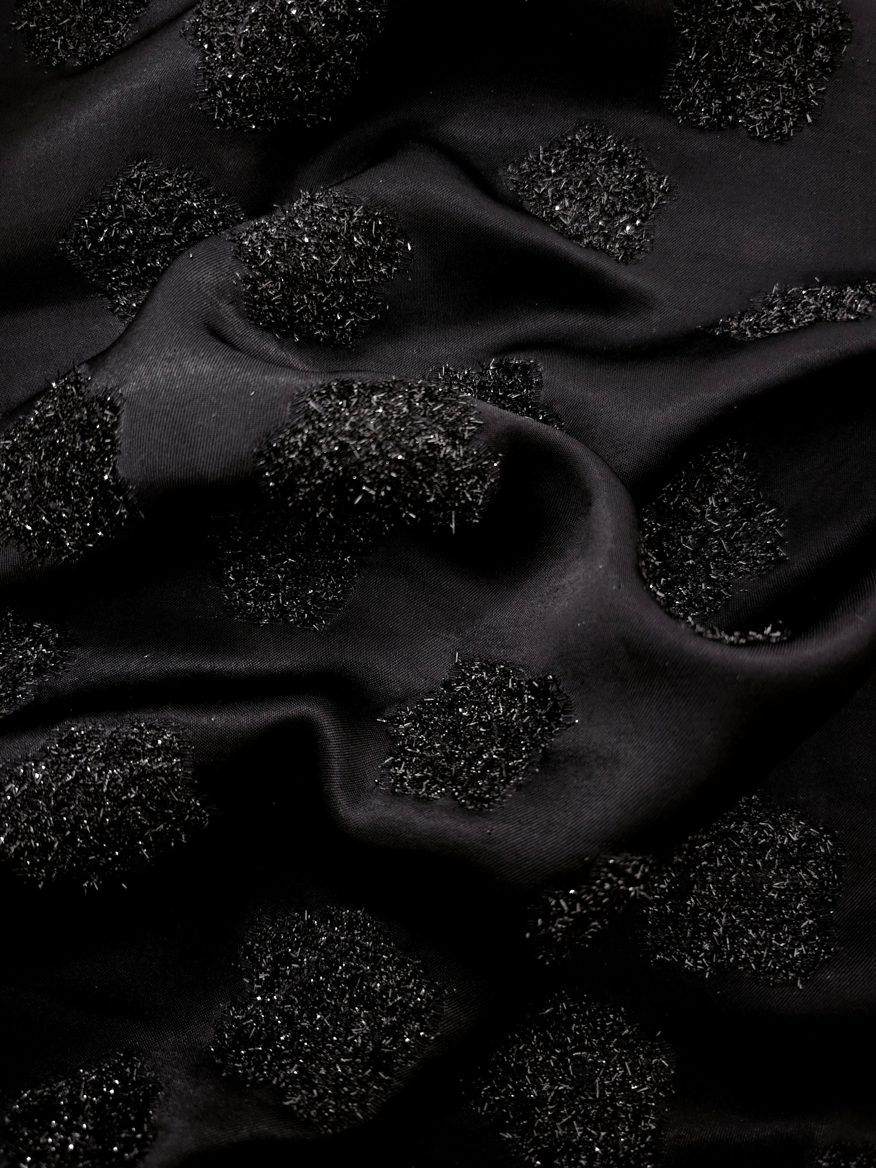 Metallic Black viscose jacquard fabric with Metallic Pebble Dot textured surface