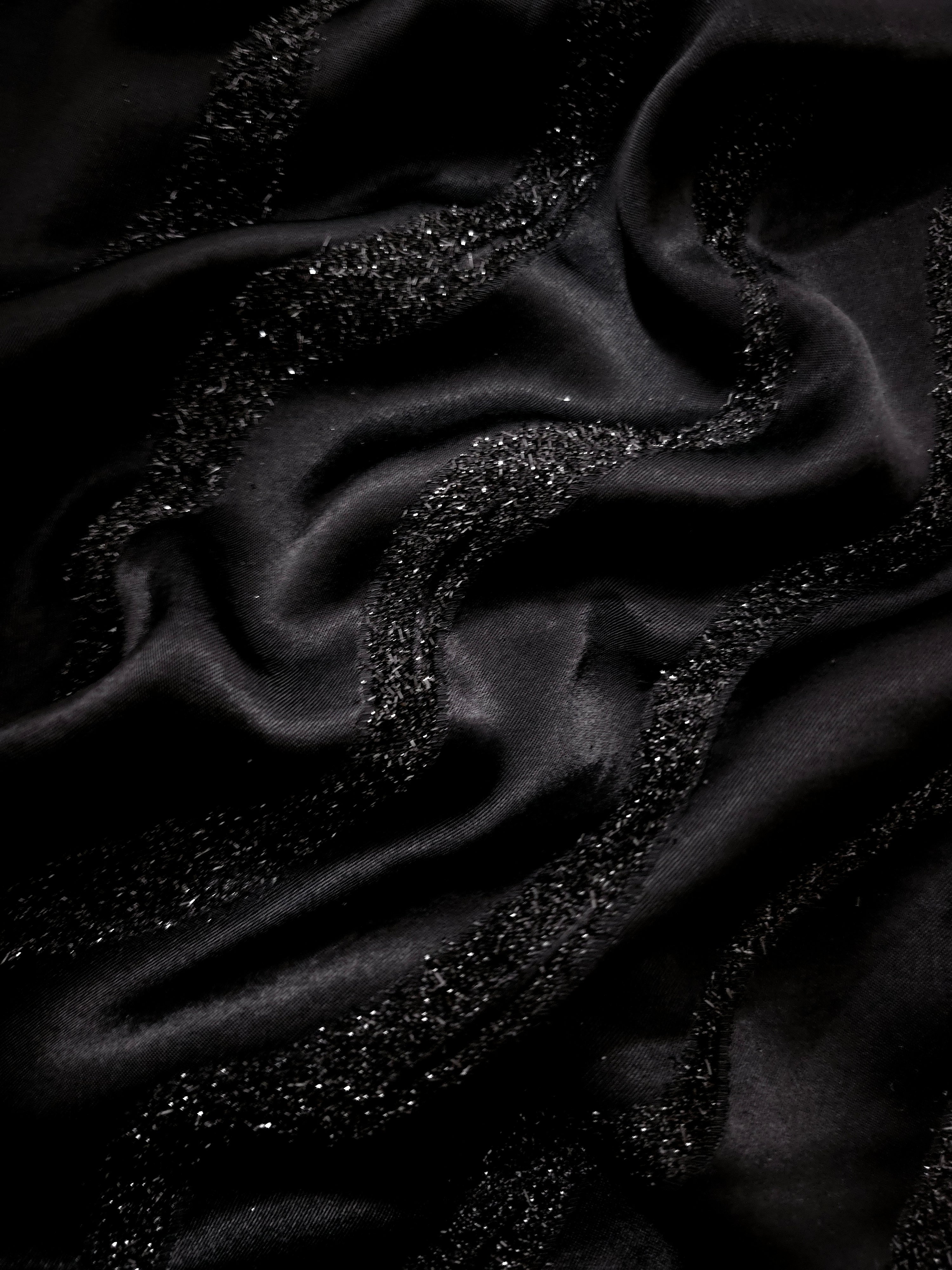 Metallic Black viscose jacquard fabric with Metallic Wavy Stripe textured pattern