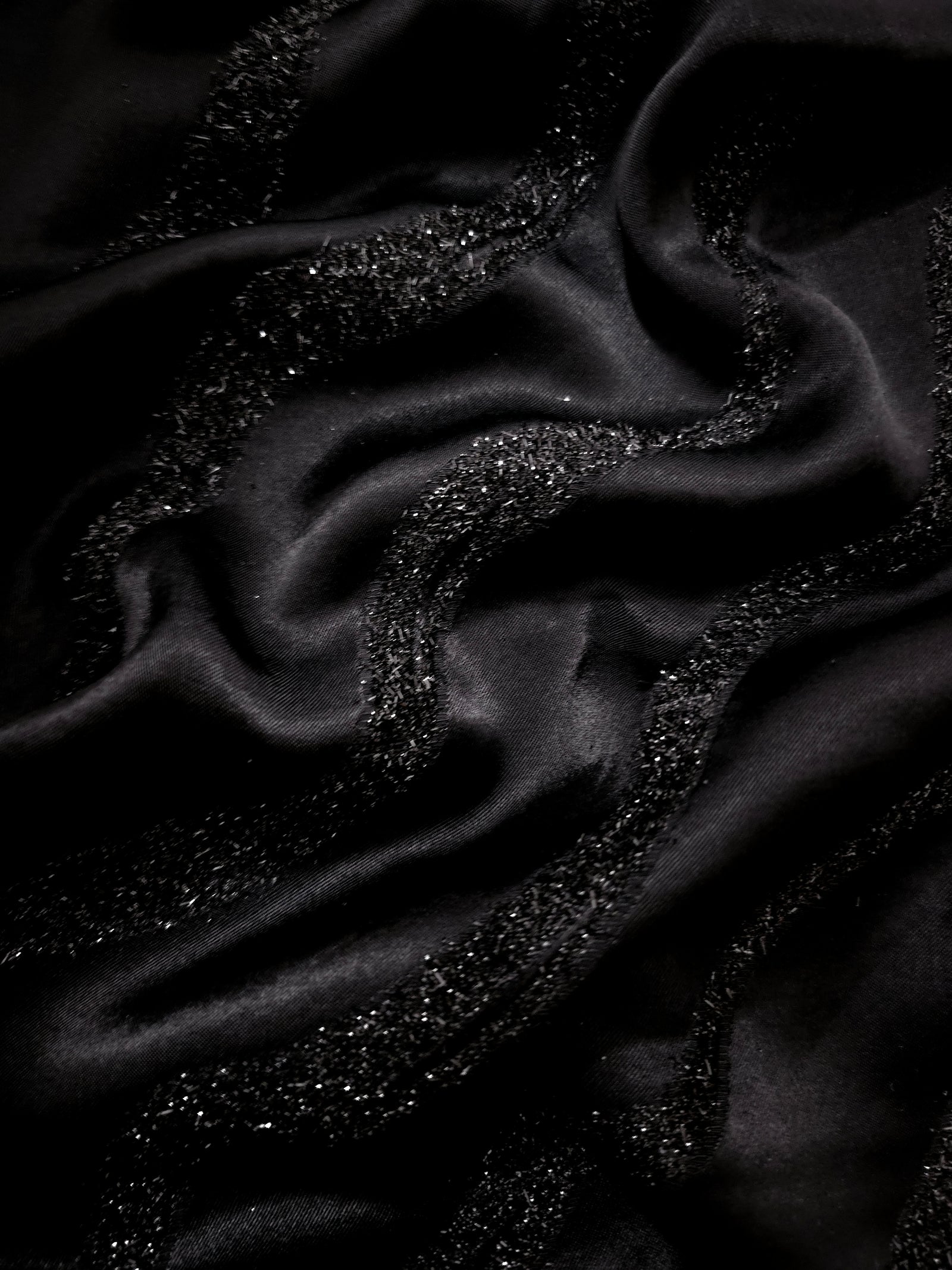 Metallic Black viscose jacquard fabric with Metallic Wavy Stripe textured pattern