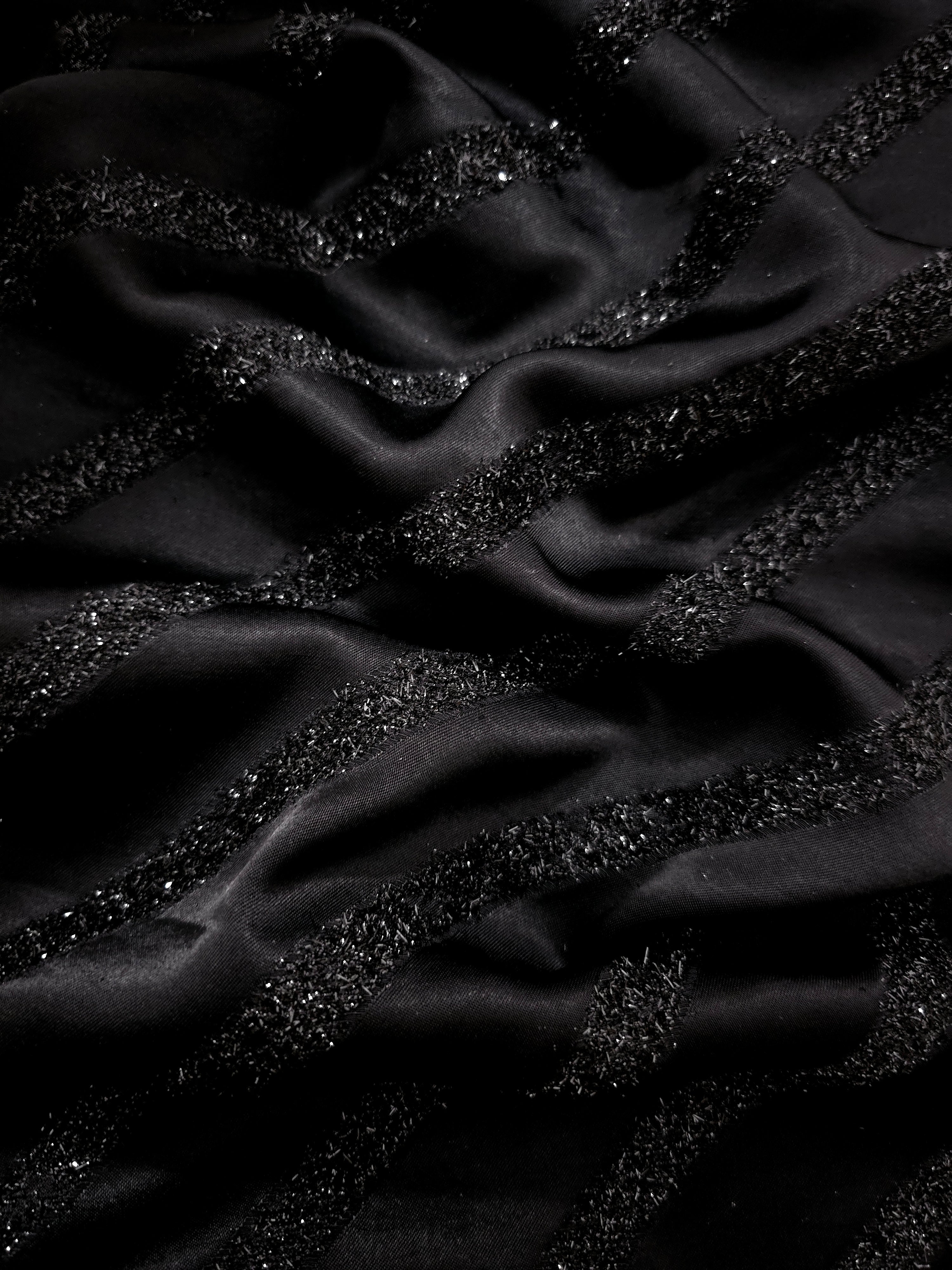 Metallic Black viscose jacquard fabric with Metallic Pinstripe textured surface