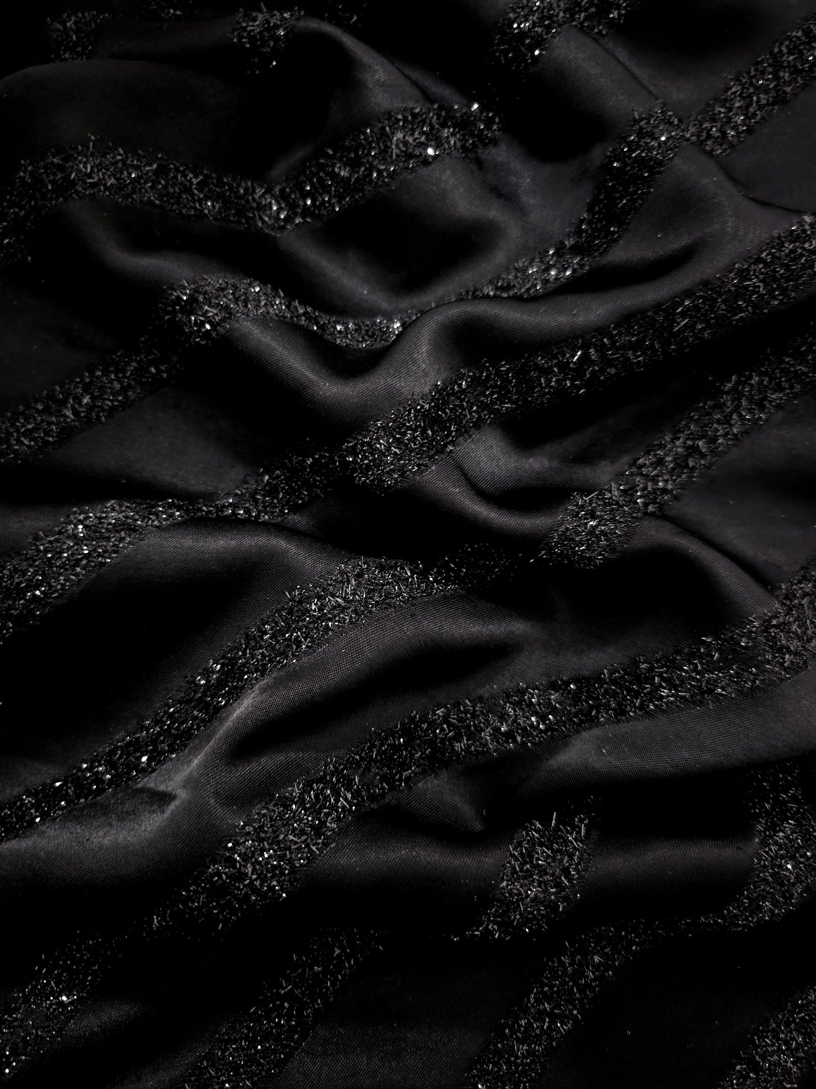Metallic Black viscose jacquard fabric with Metallic Pinstripe textured surface