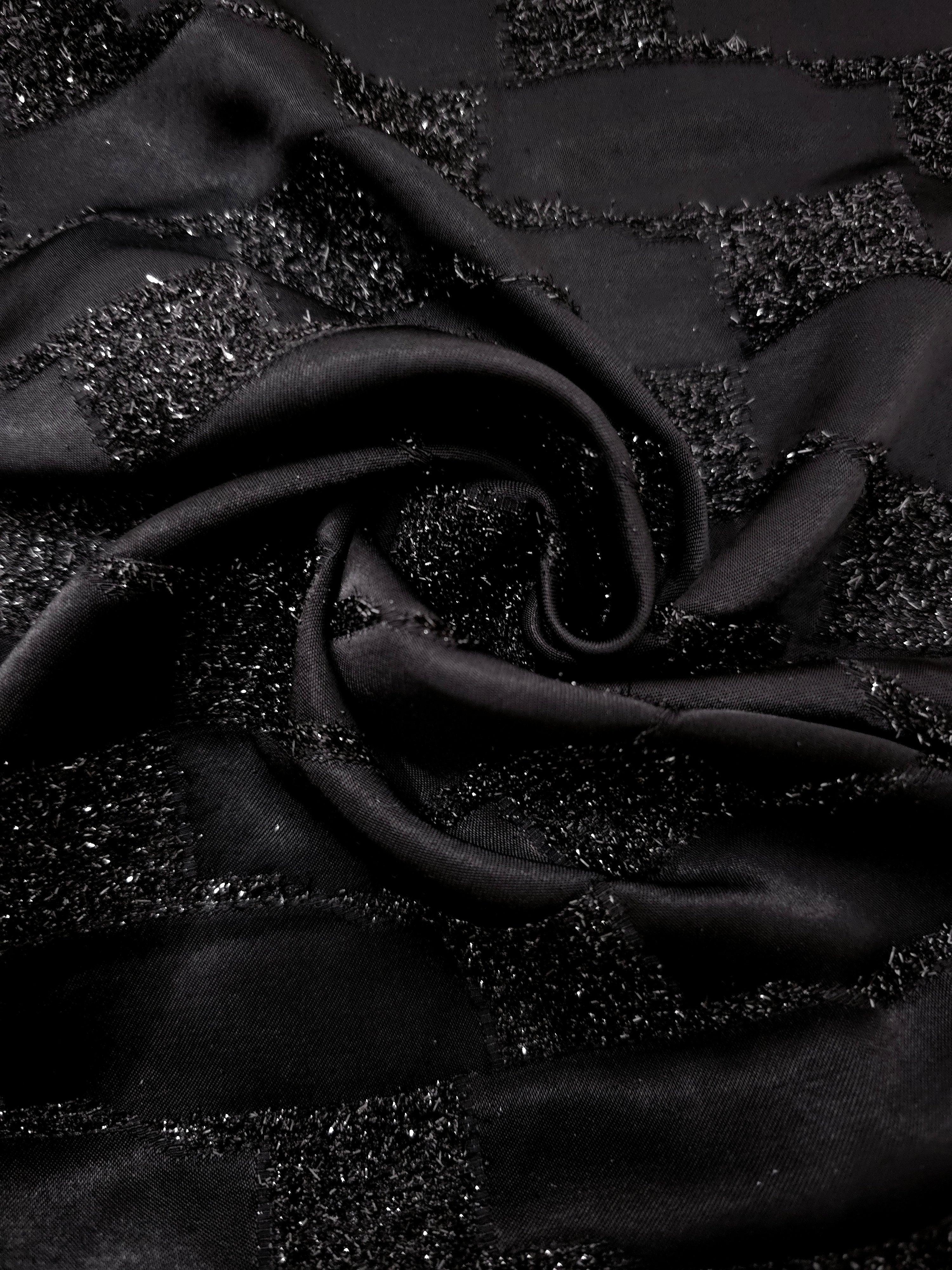 Folded Metallic Black viscose jacquard with geometric metallic basket weave motif