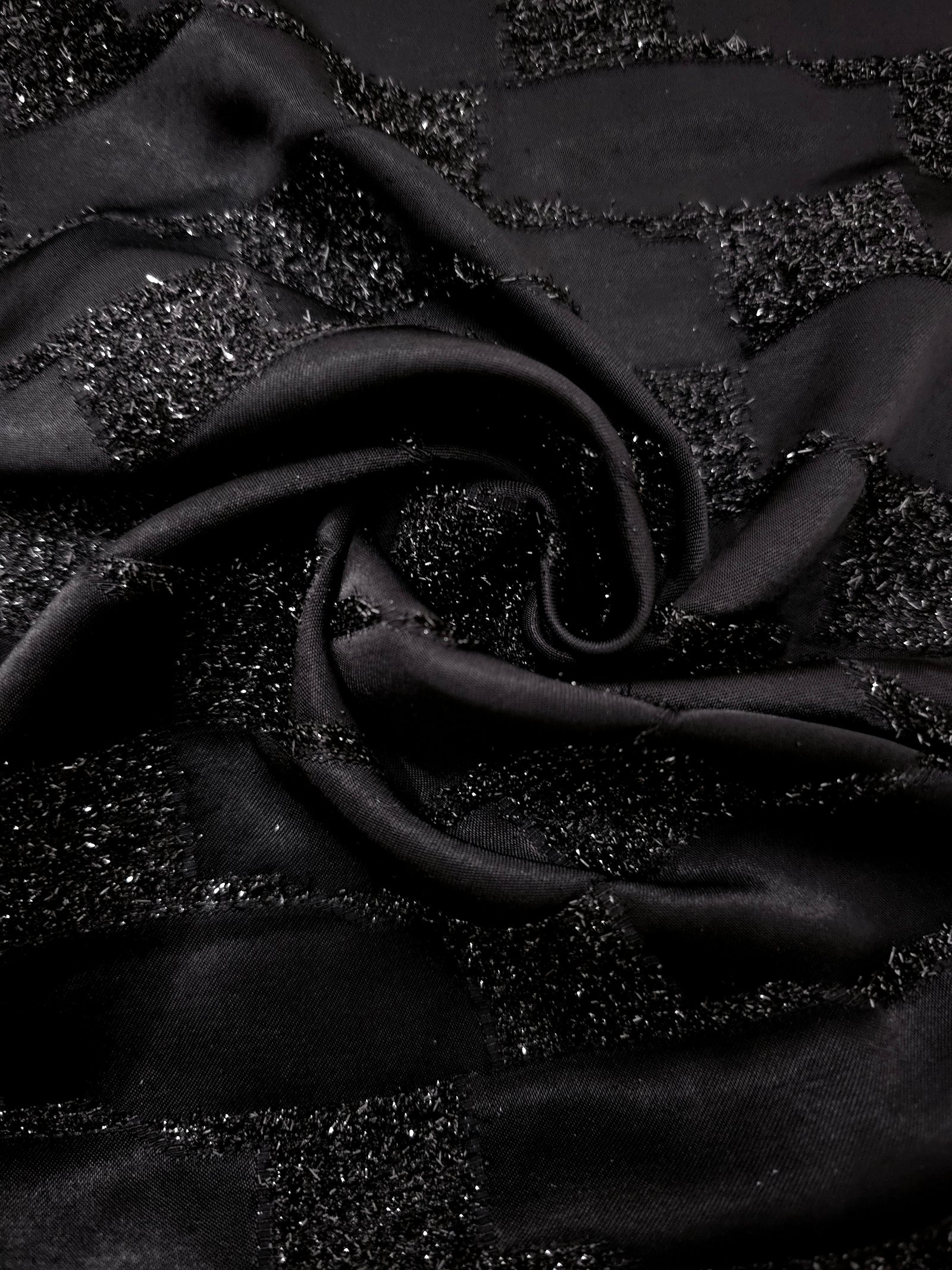 Folded Metallic Black viscose jacquard with geometric metallic basket weave motif