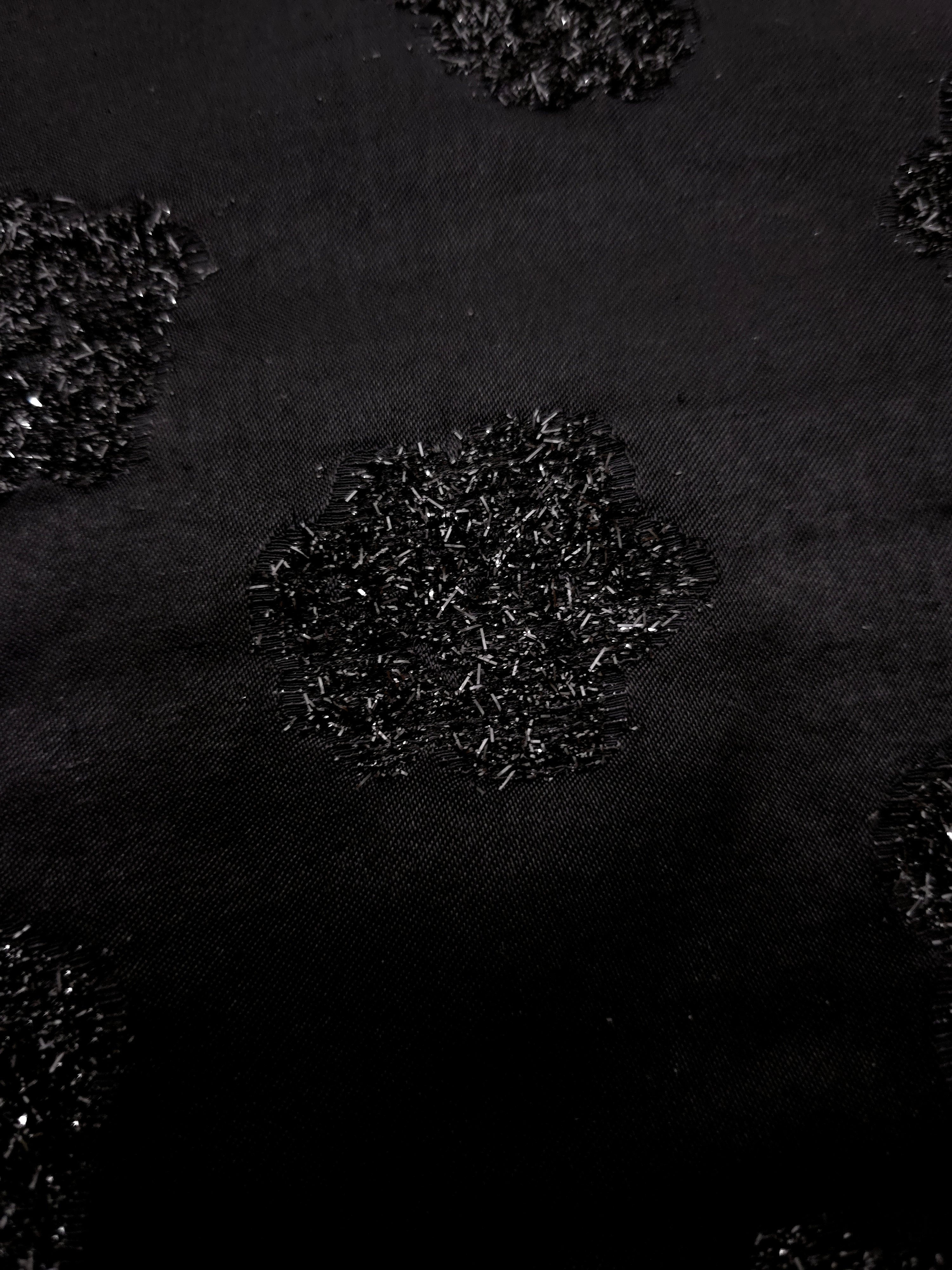 Draped Metallic Black viscose jacquard with irregular reflective pebble dots