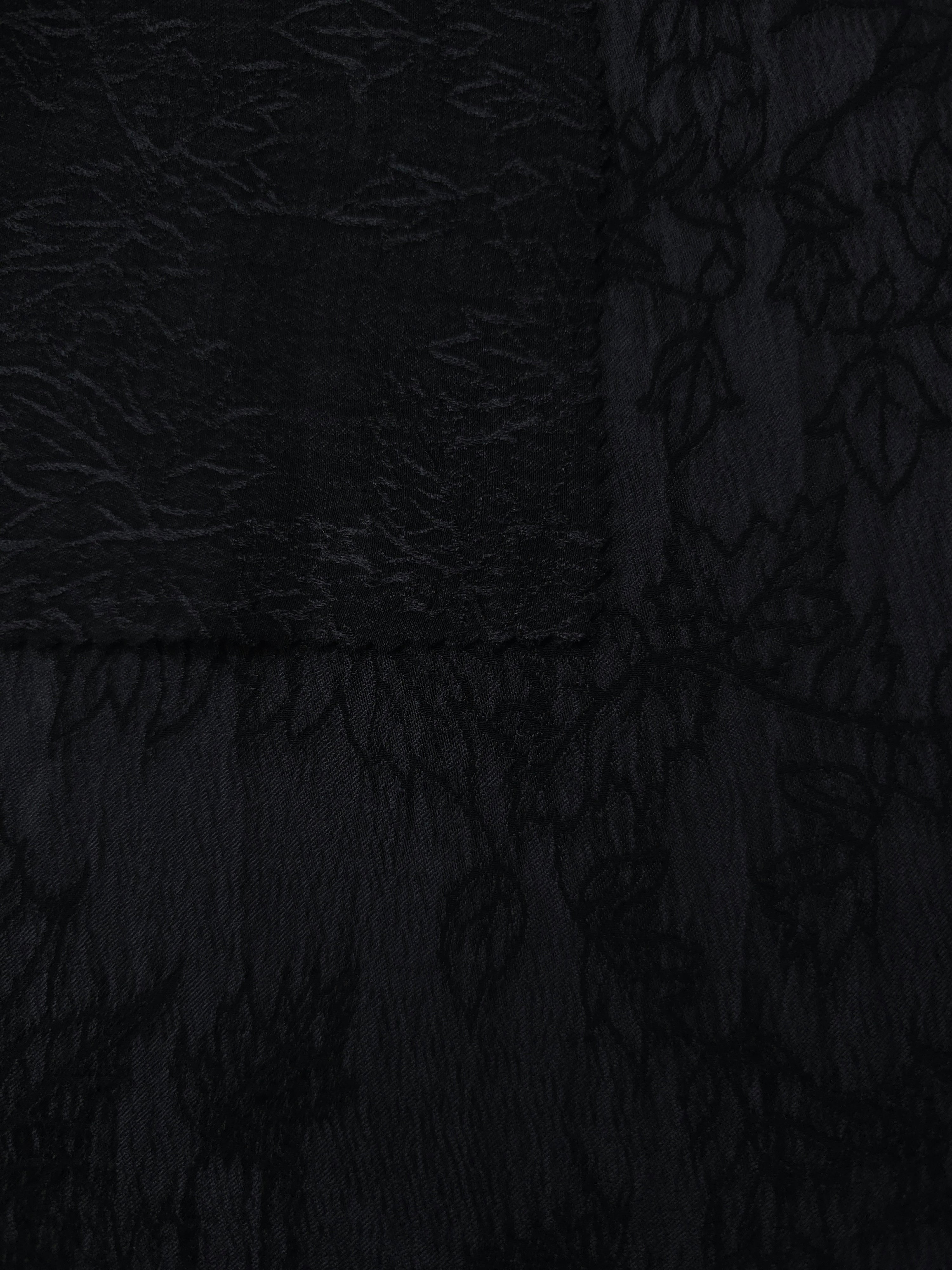 Selvage detail of black botanical floral lyocell viscose jacquard fabric.