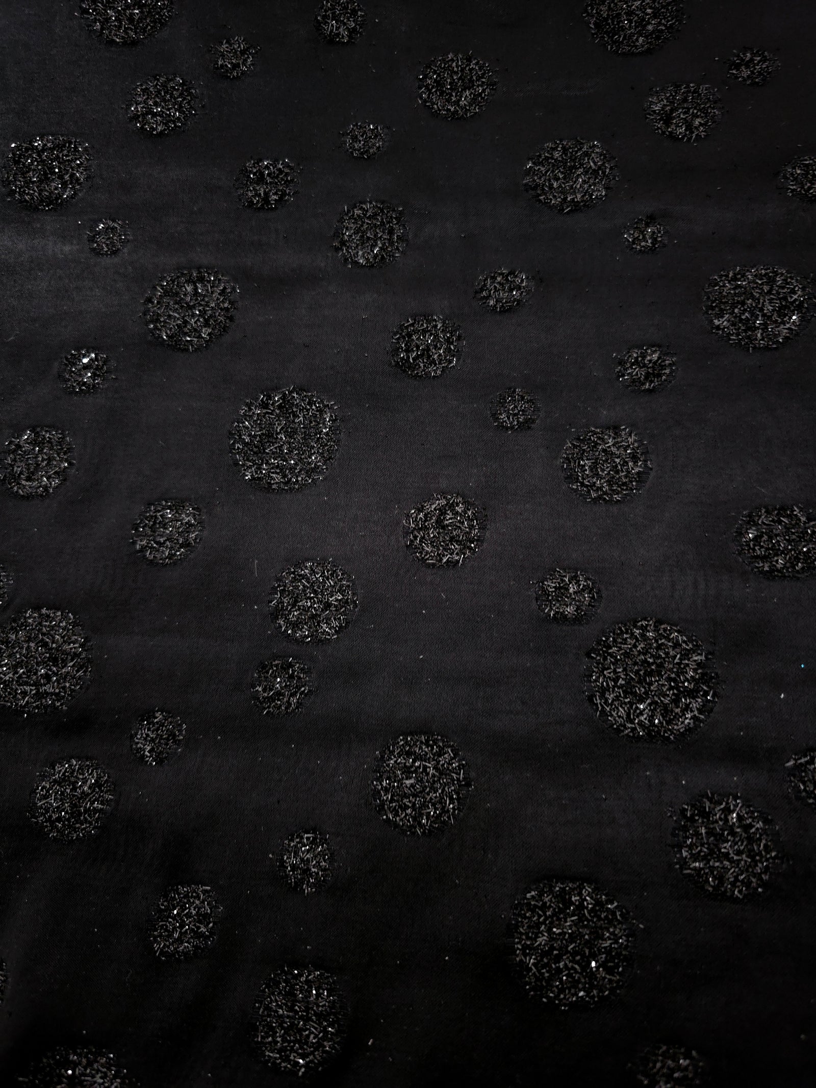 Full view of Metallic Black viscose metallic jacquard in Metallic Confetti Dot design
