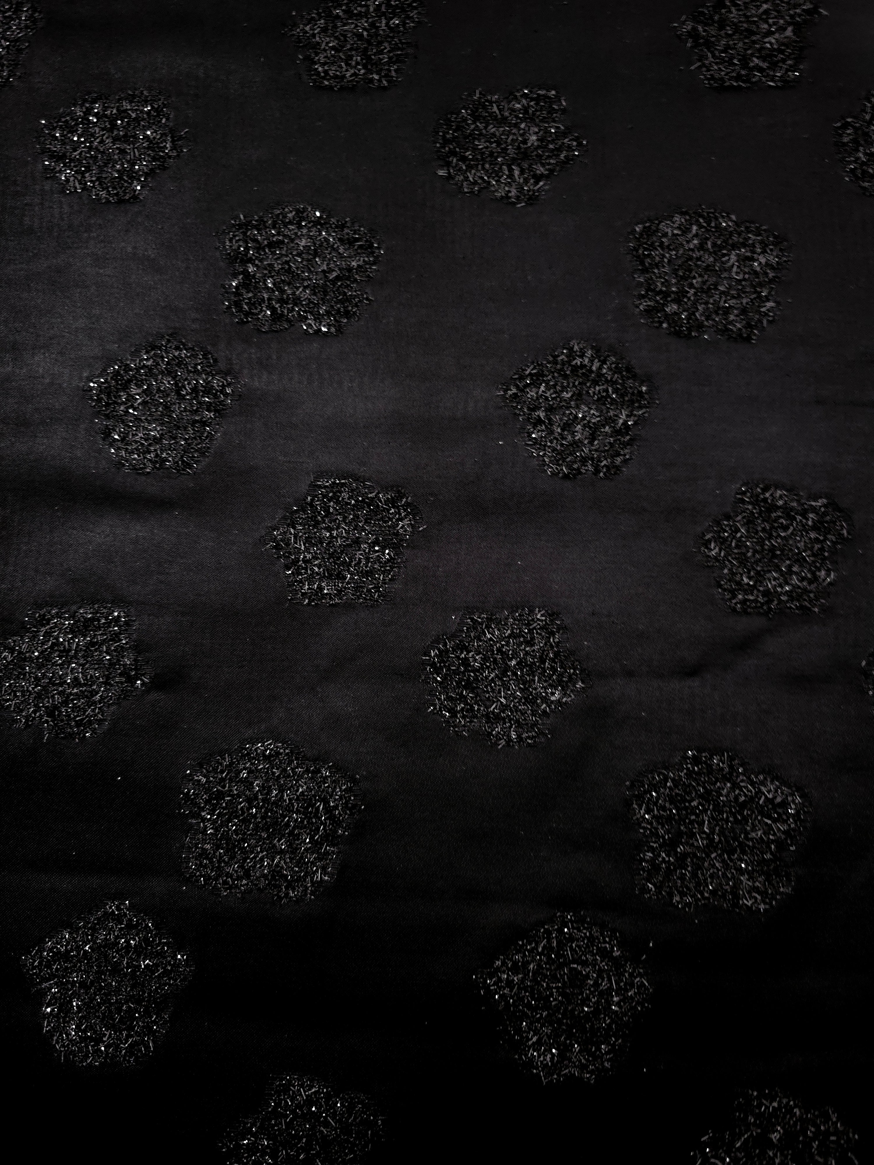 Full view of Metallic Black viscose metallic jacquard in Metallic Pebble Dot design