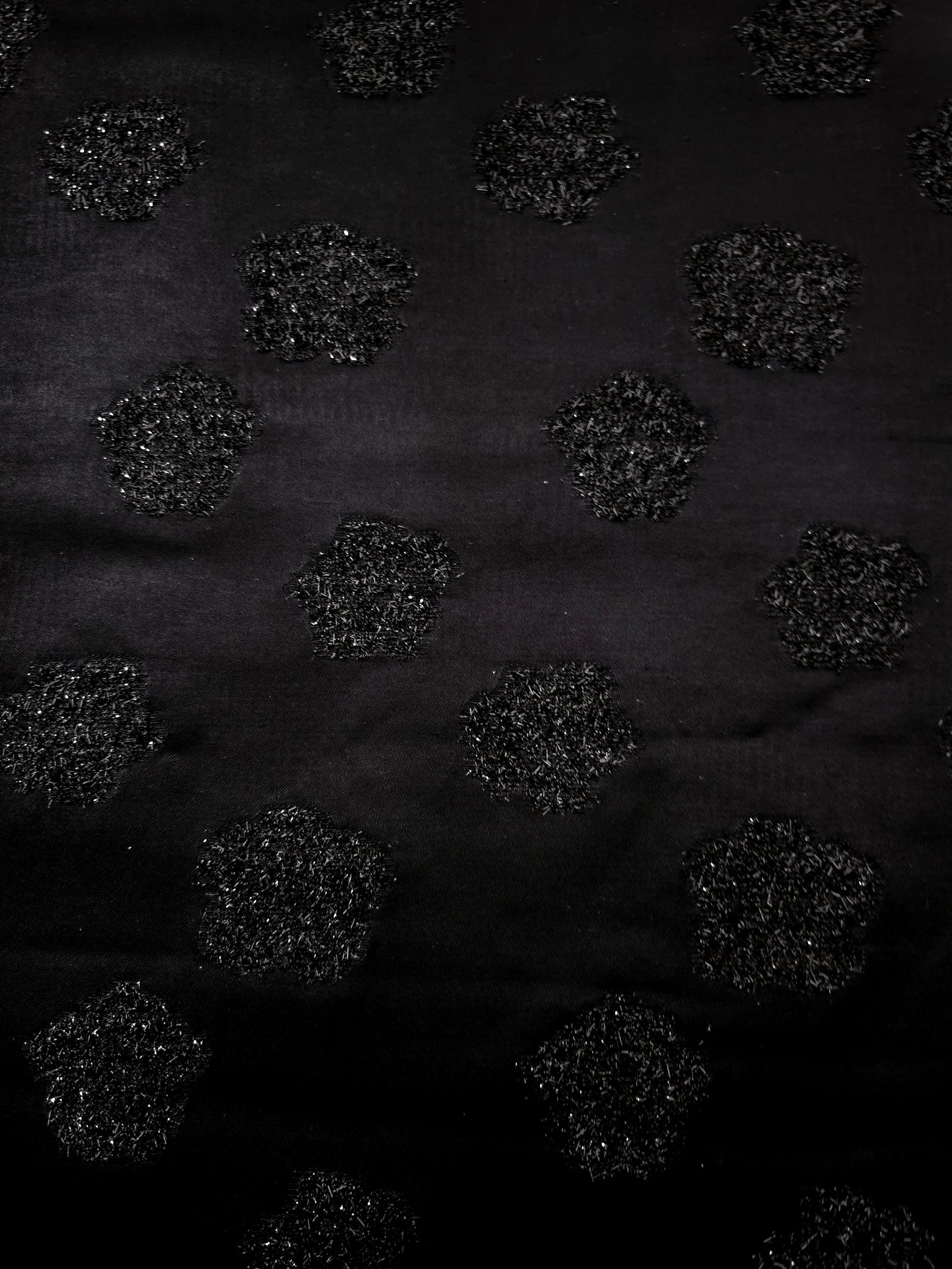 Full view of Metallic Black viscose metallic jacquard in Metallic Pebble Dot design
