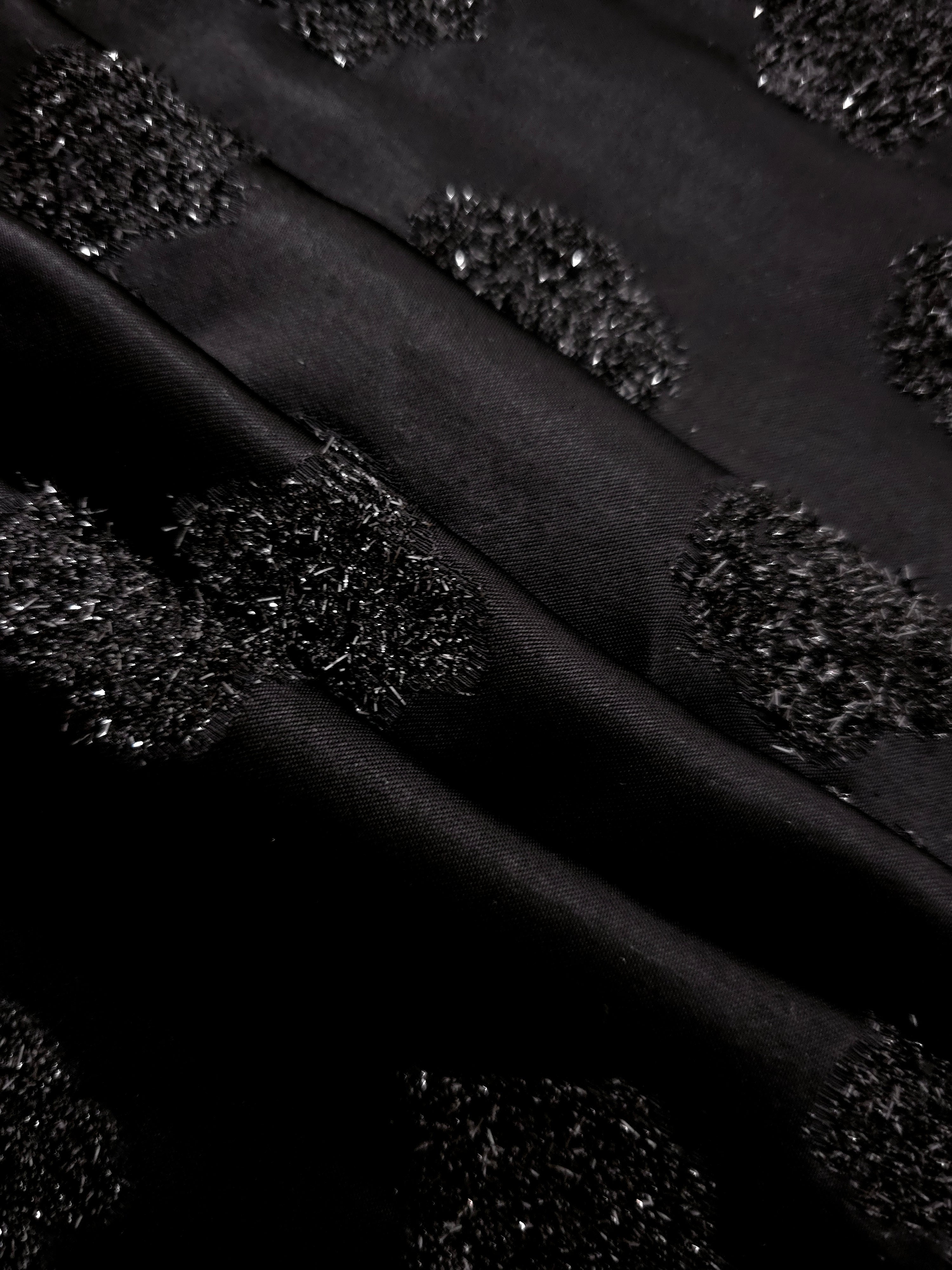 Detail view of Metallic Black viscose metallic jacquard with raised pebble texture
