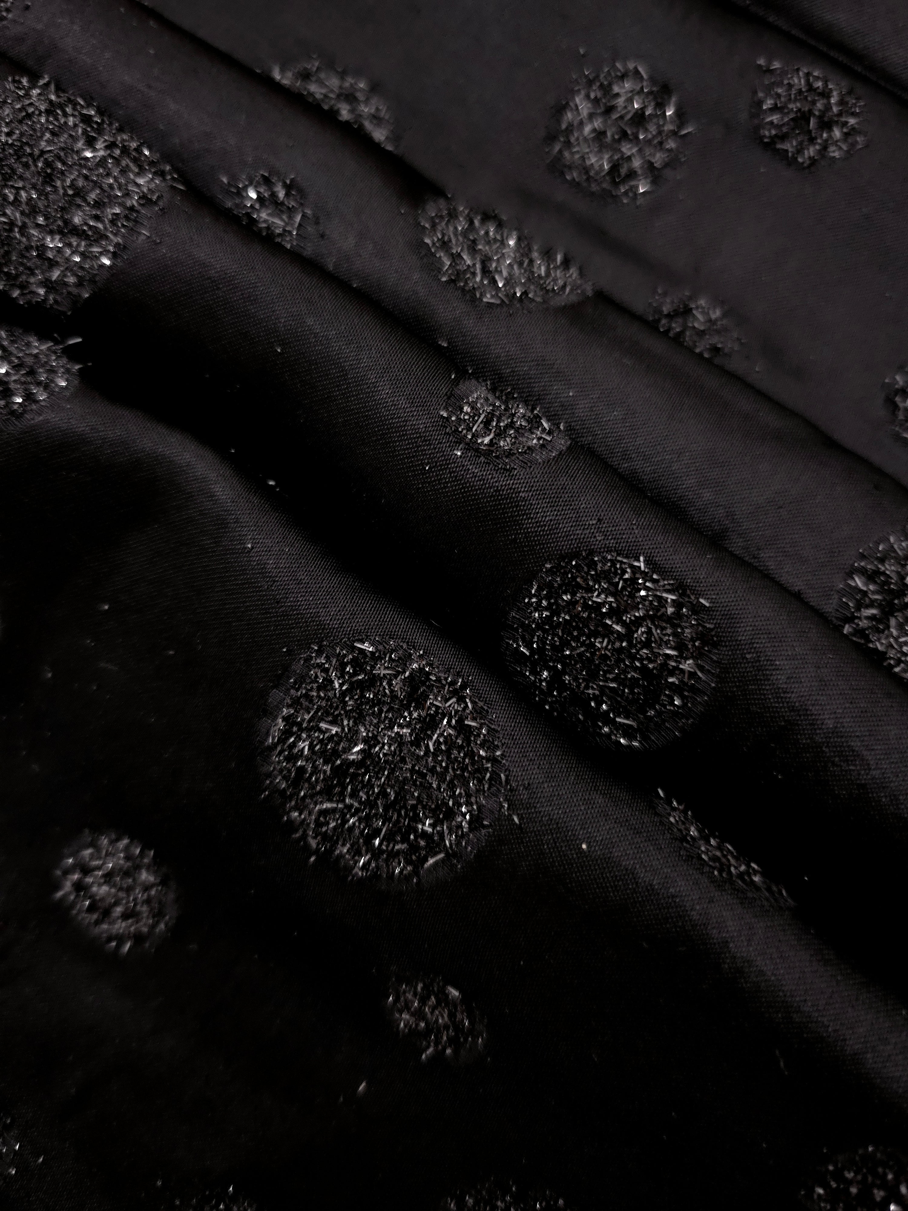 Detail view of Metallic Black viscose metallic jacquard with sprinkle dot motif