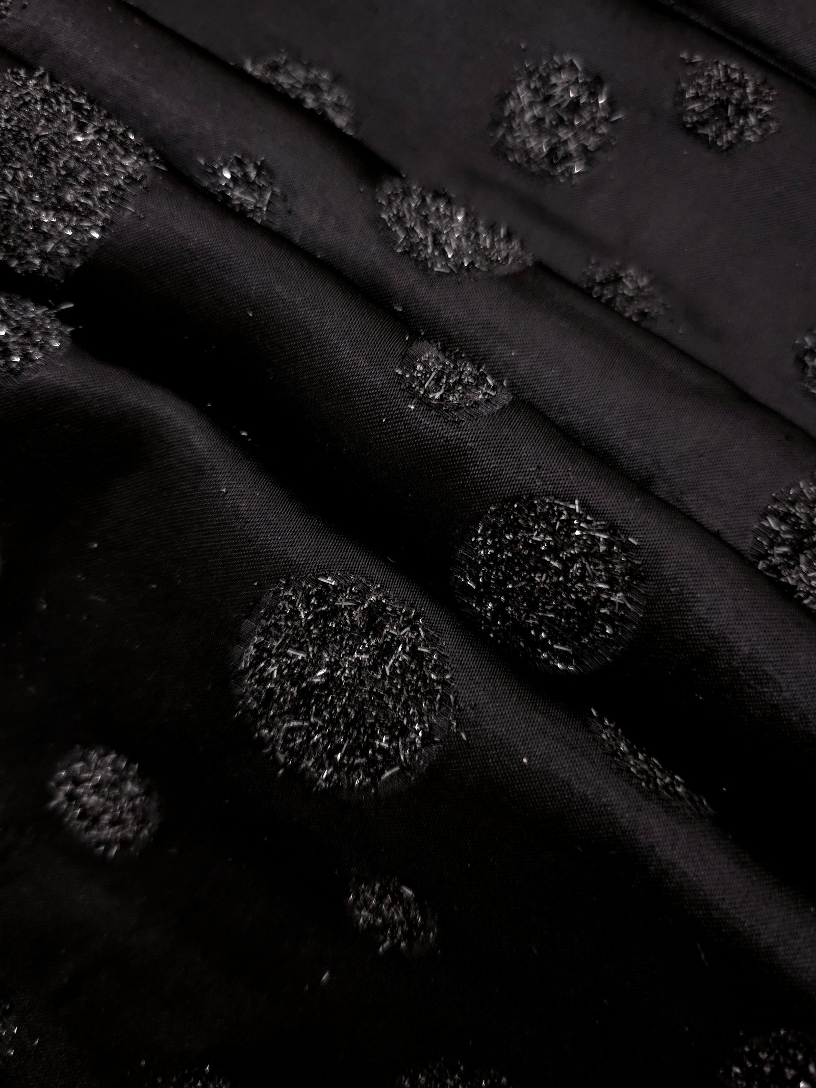Detail view of Metallic Black viscose metallic jacquard with sprinkle dot motif