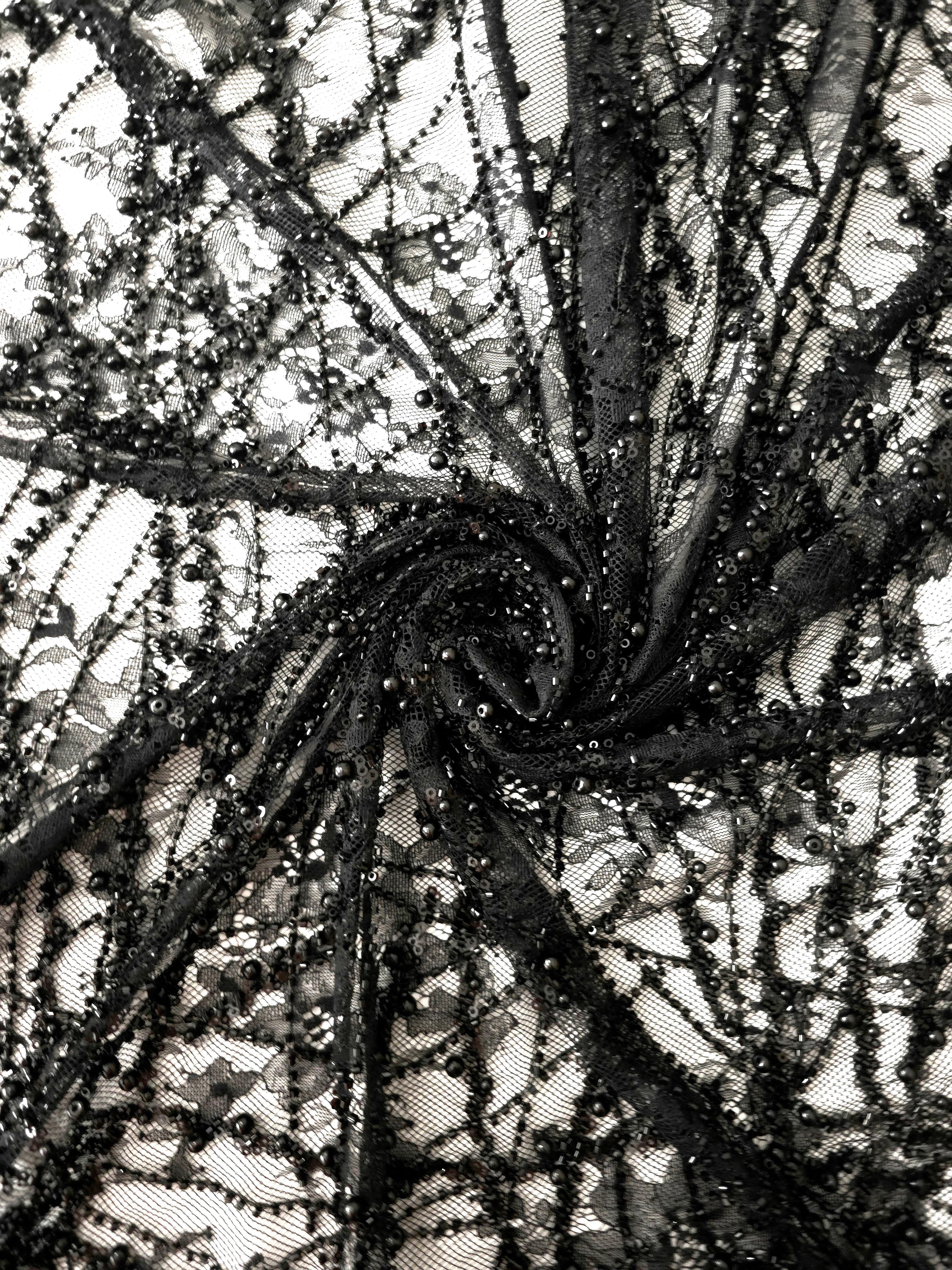 Jet Black Botanical Pearl embroidered lace showing botanical embroidery pattern repeat across a decorative mesh with branching botanical vines with pearl-like beading.
