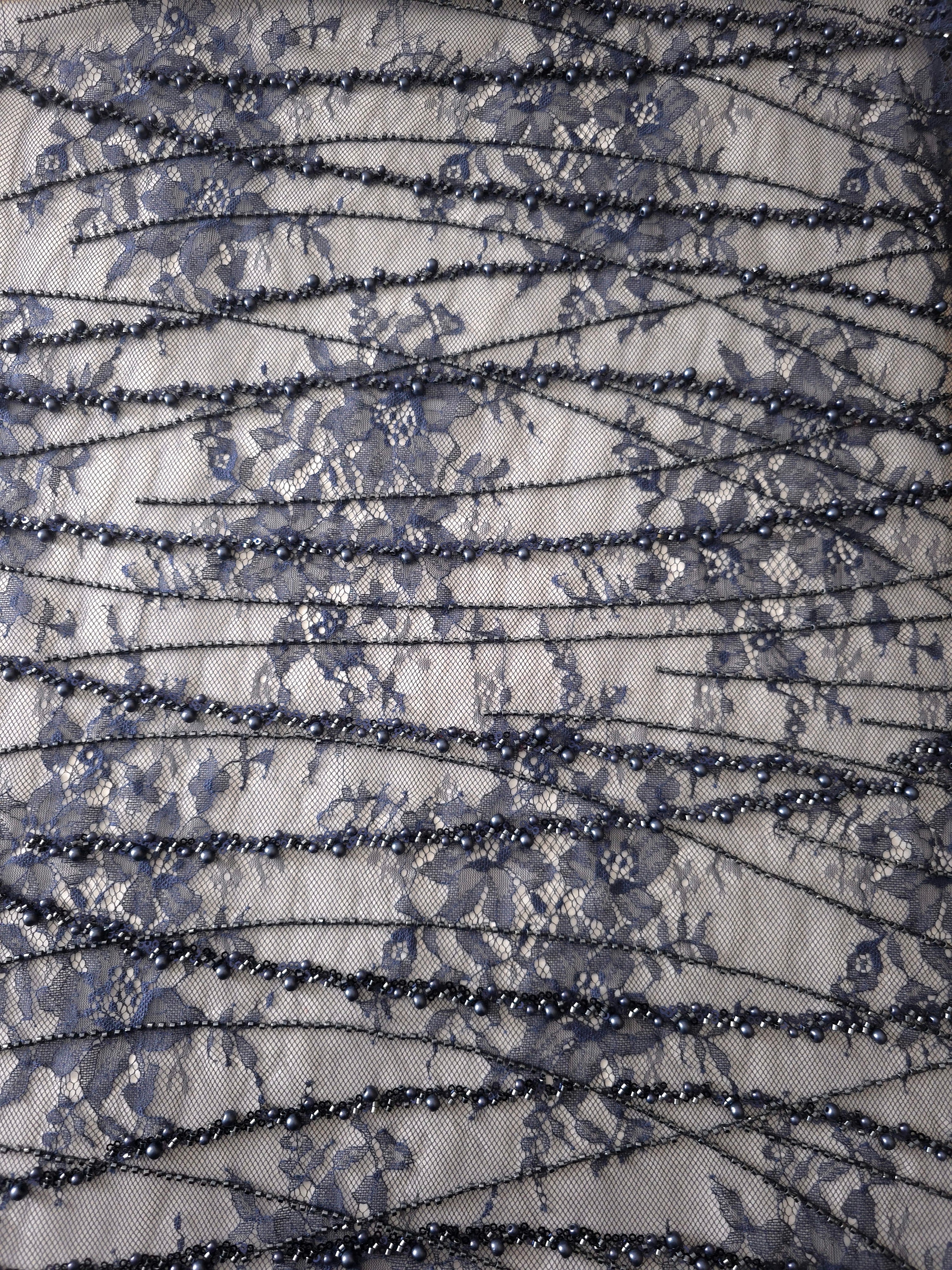 Slate Blue Botanical Pearl embellished lace displaying botanical branchwork embroidery, with branching botanical vines with pearl-like beading.