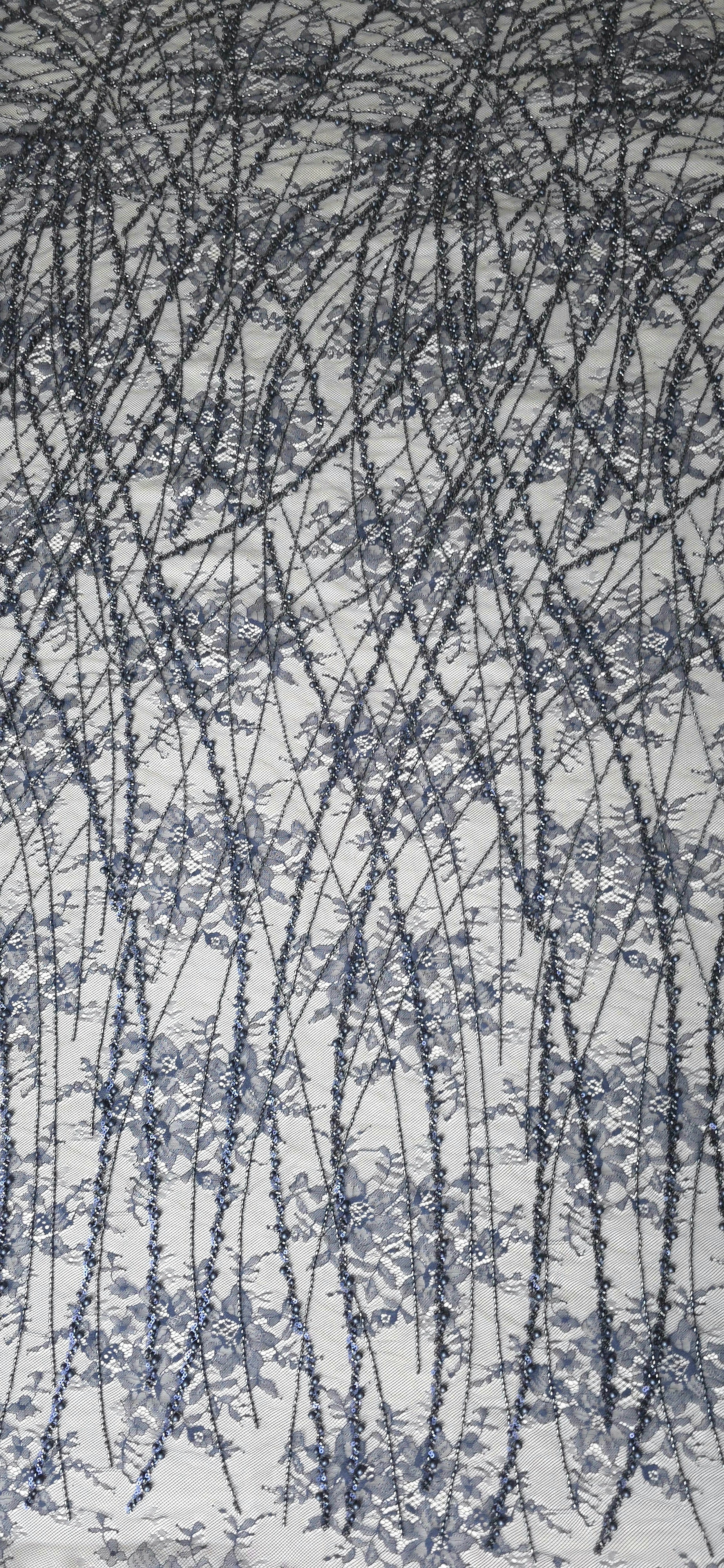 Slate Blue Botanical Pearl embroidered lace showing shimmering vine pattern repeat across a decorative mesh with branching botanical vines with pearl-like beading.