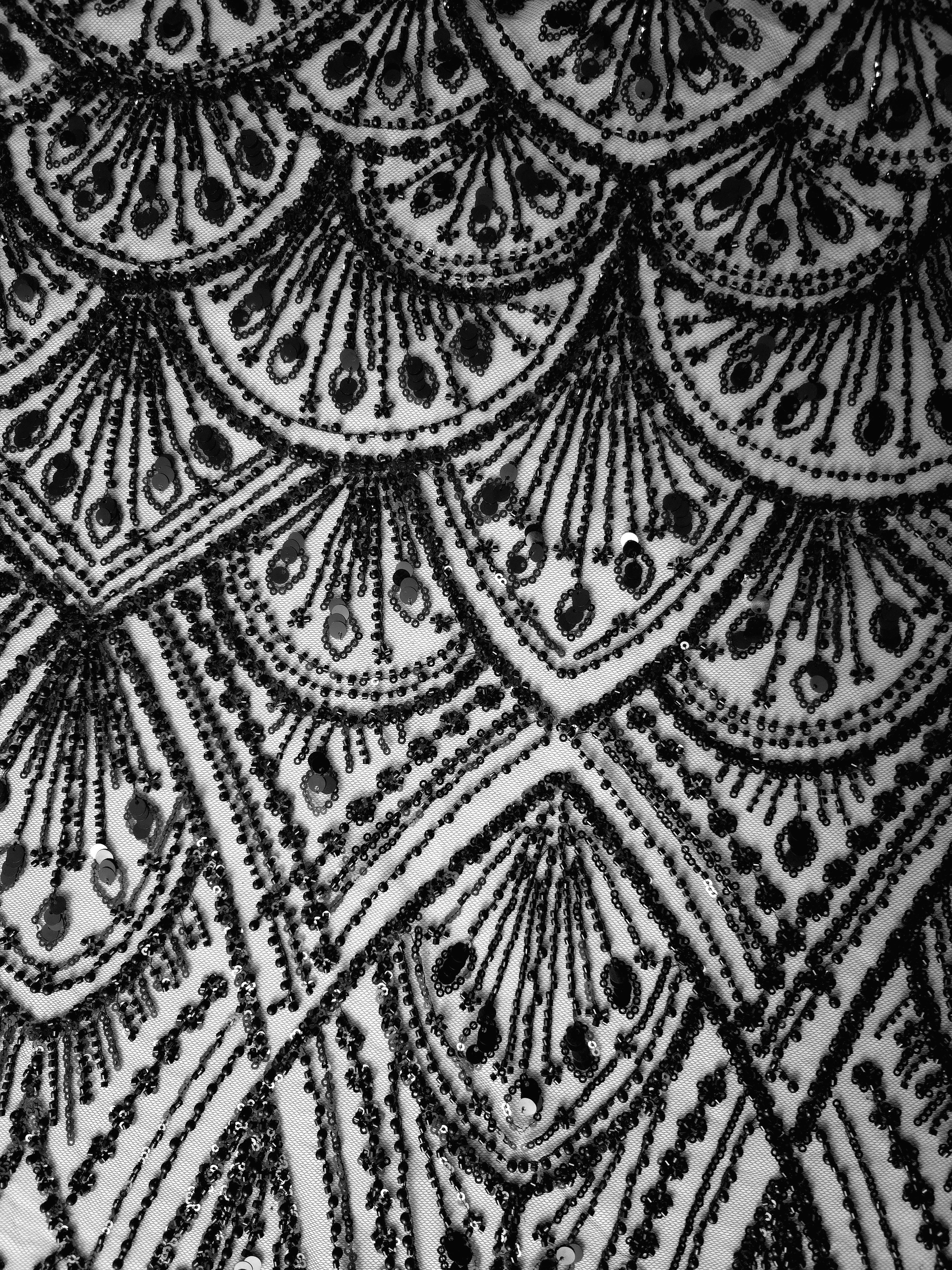 Midnight Black Art Deco Cascade embroidered lace showing art deco cascade pattern view across a decorative mesh with cascading ornamental details and Deco-inspired beadwork.