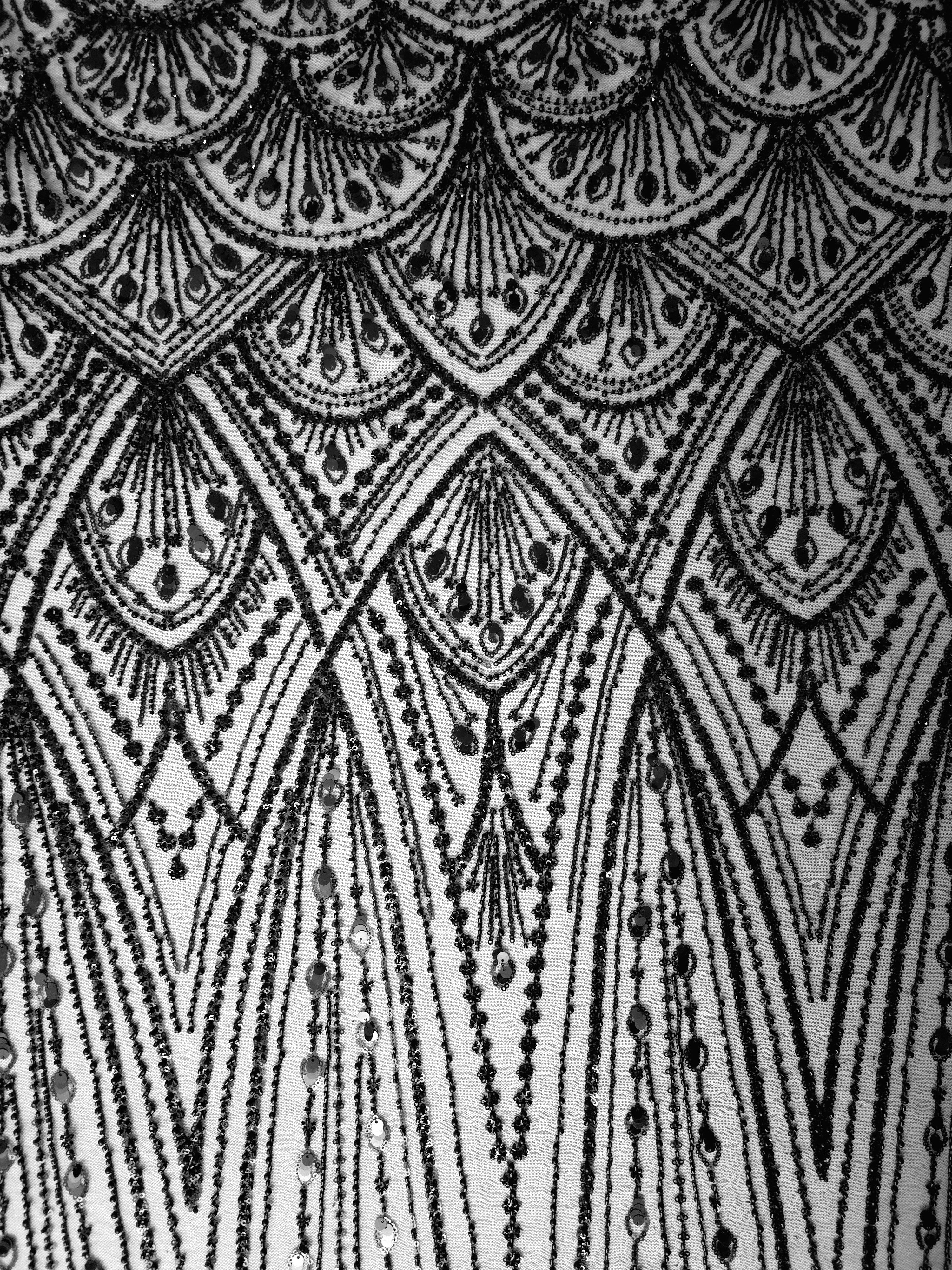 Midnight Black Art Deco Cascade embroidered lace showing ornate scallop lace motif across a decorative mesh with cascading ornamental details and Deco-inspired beadwork.