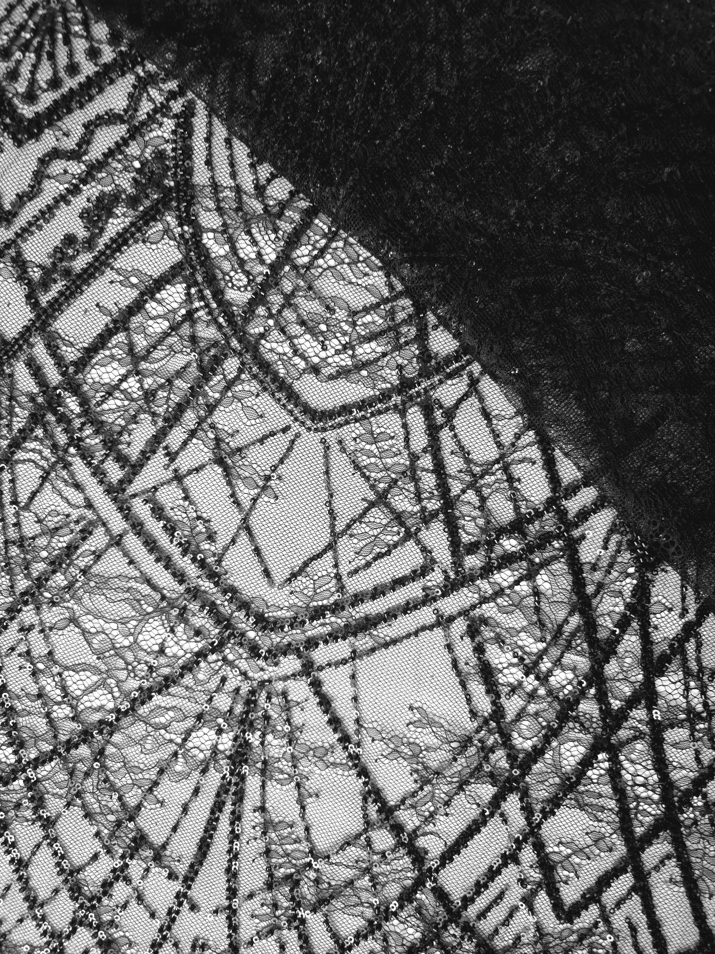 Jet Black Ornate Deco Fan couture lace in a layered dark netting presentation, highlighting repeating fan arches and geometric embroidery.