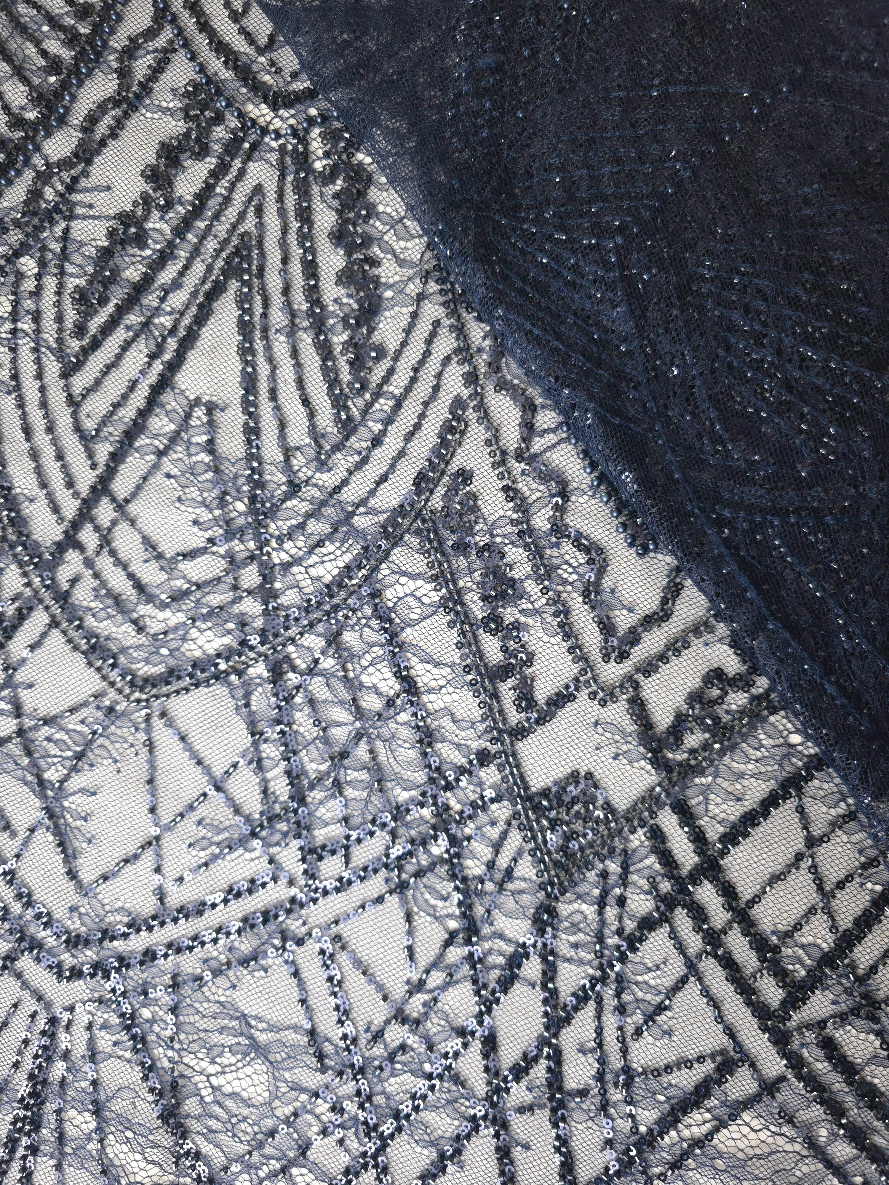 Midnight Blue Ornate Deco Fan couture lace in a layered mesh embellishment presentation, highlighting repeating fan arches and geometric embroidery.