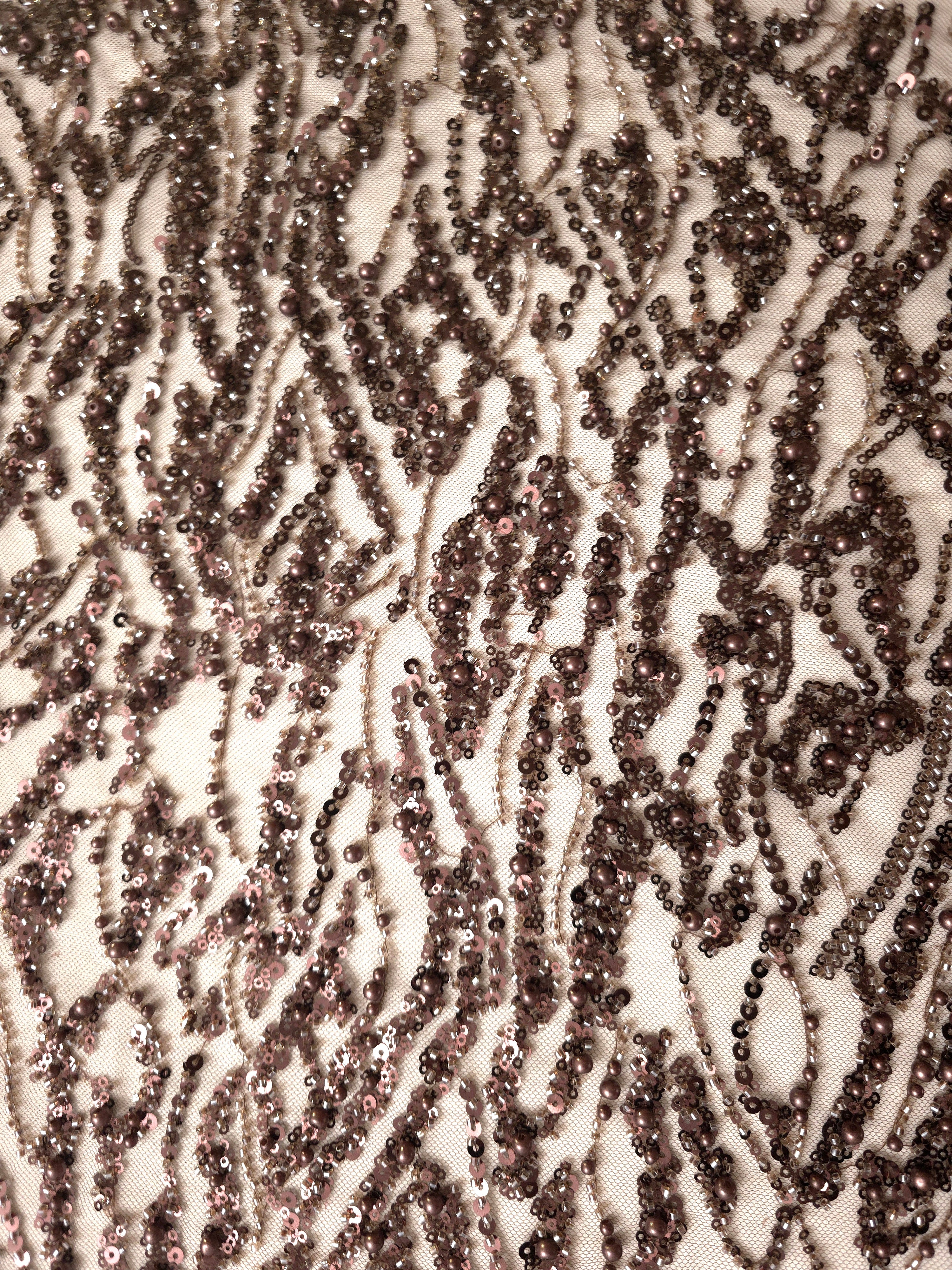 Antique Bronze Liquid Wave embellished lace displaying sequined ripple embroidery, with flowing ripples and curved sequin embellishment.