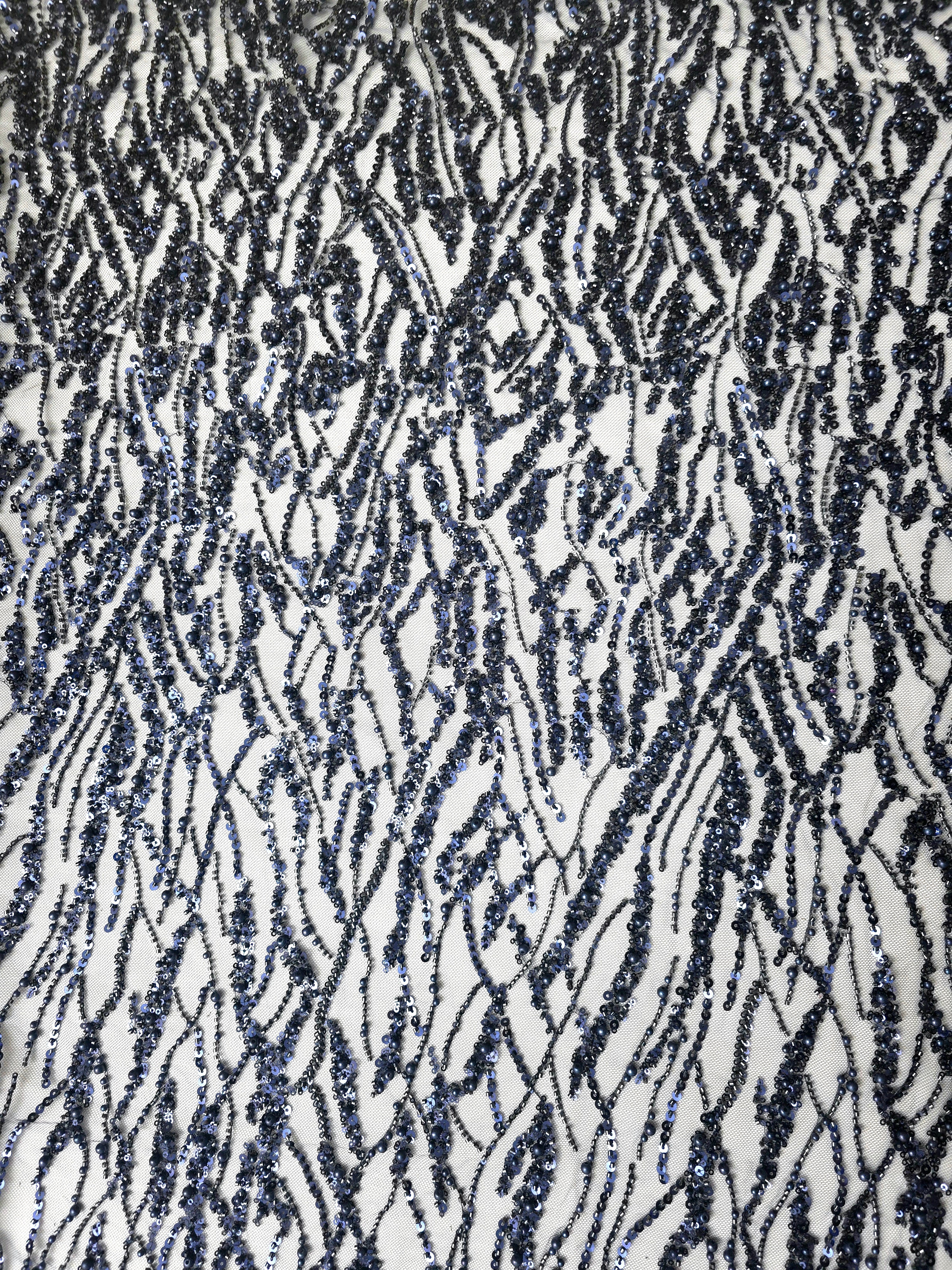 Midnight Blue Liquid Wave embellished lace displaying irregular ripple embroidered mesh, with flowing ripples and curved sequin embellishment.