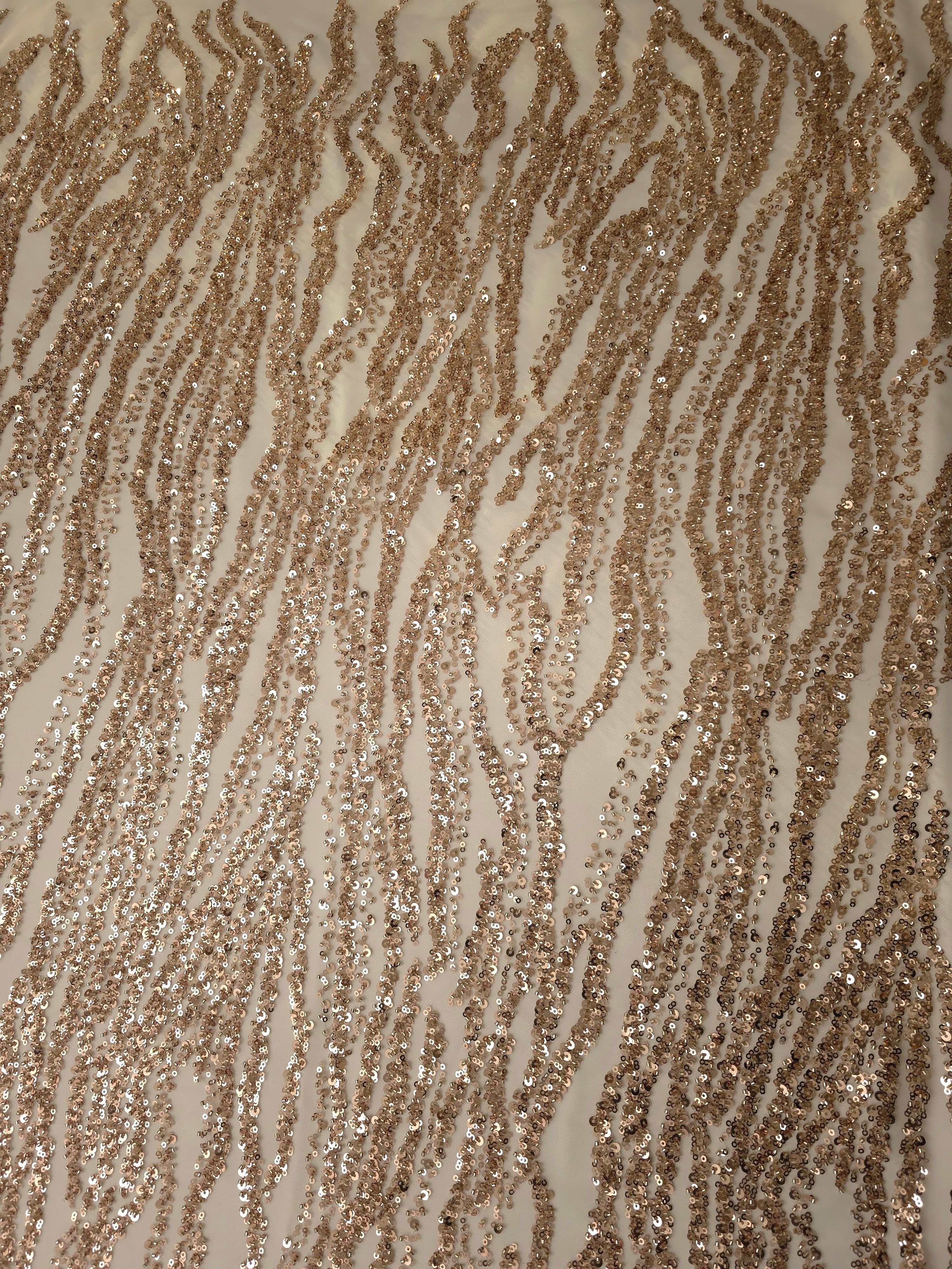 Portrait display of mink taupe beaded lace featuring elongated zebra-style patterned stripes.