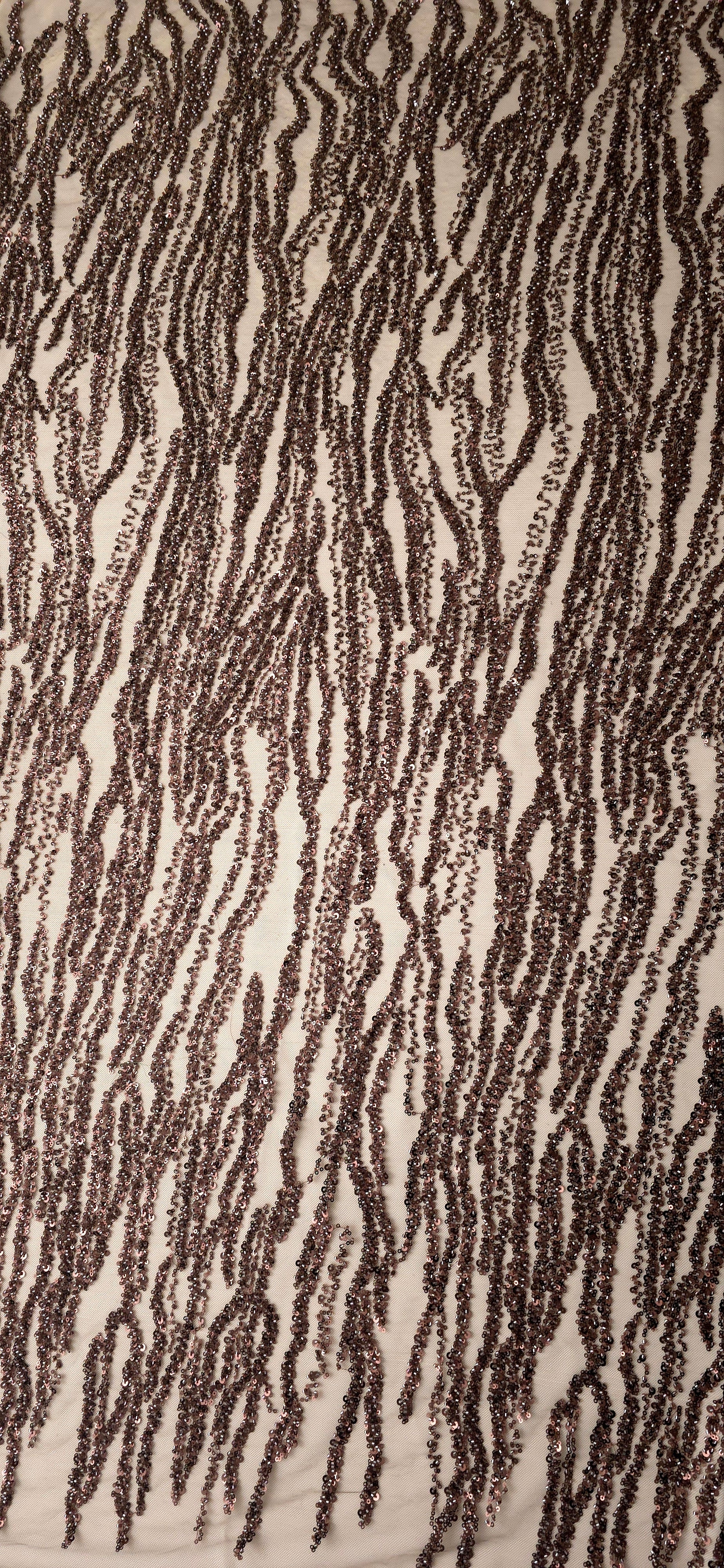 Wide view of Mocha Brown Zebra Strata lace with coffee-toned embroidered stripes rippling over pale mesh.