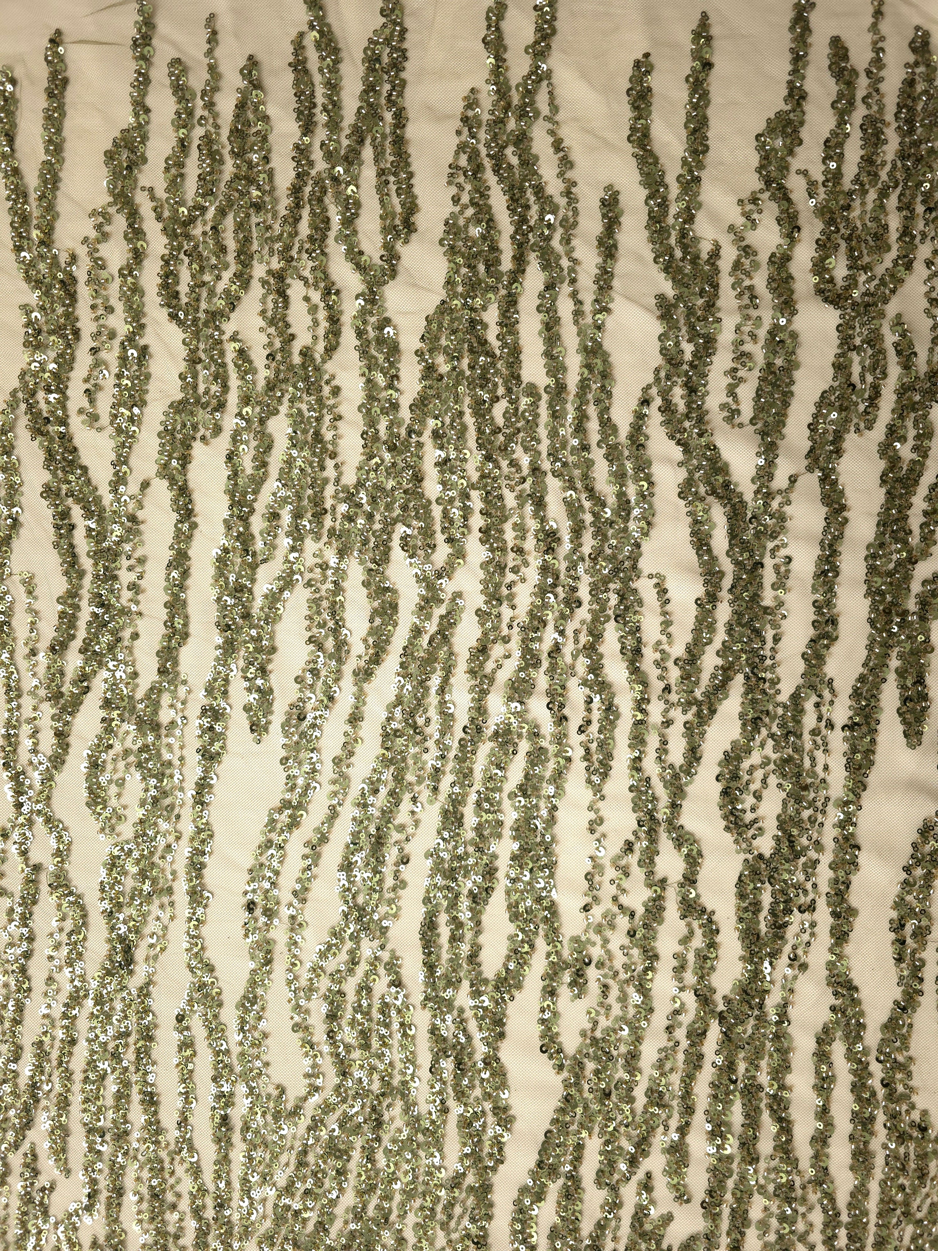Full olive green lace motif with wavy sequin embroidery repeated across the light mesh backing.