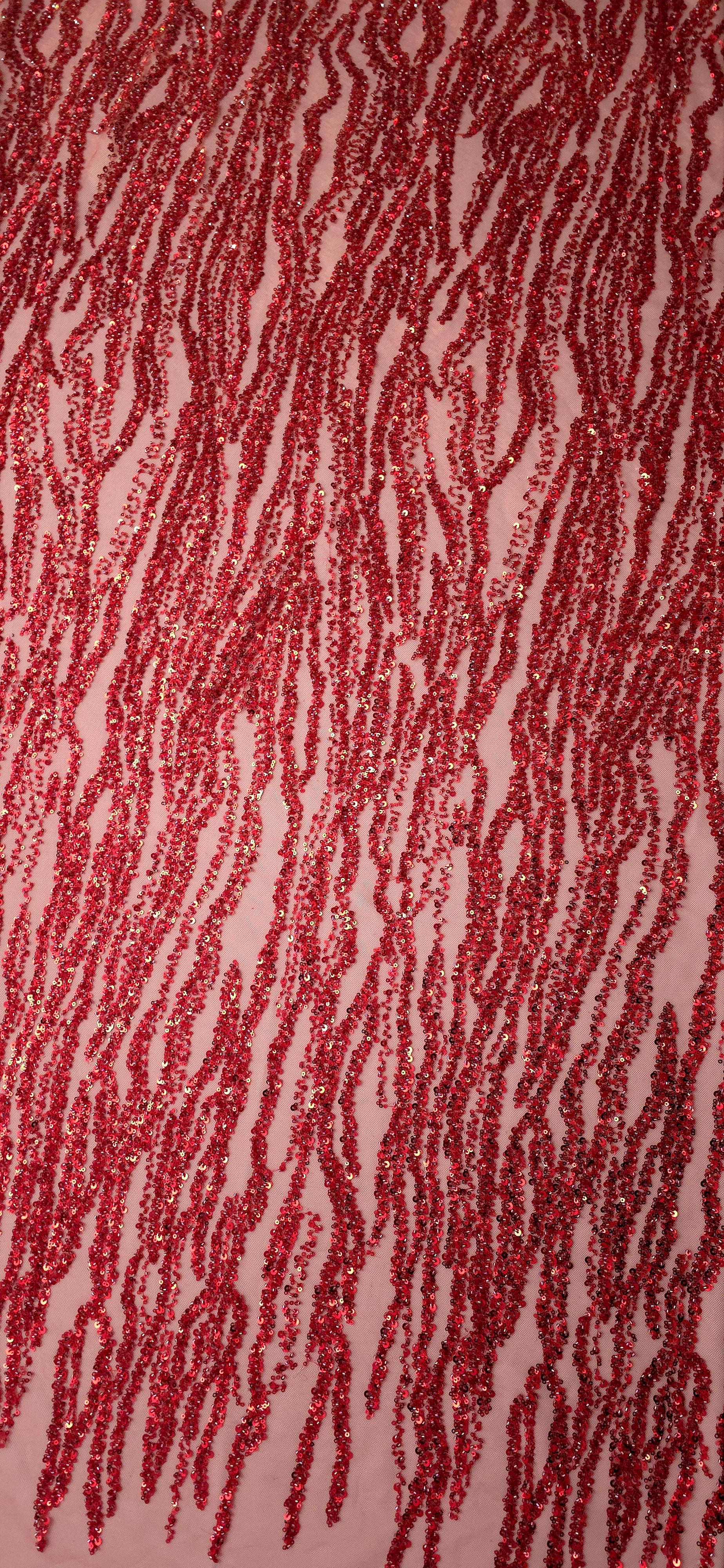 Ruby Red Zebra Strata lace displayed flat, showing vivid crimson bead-and-sequin stripes across translucent mesh.