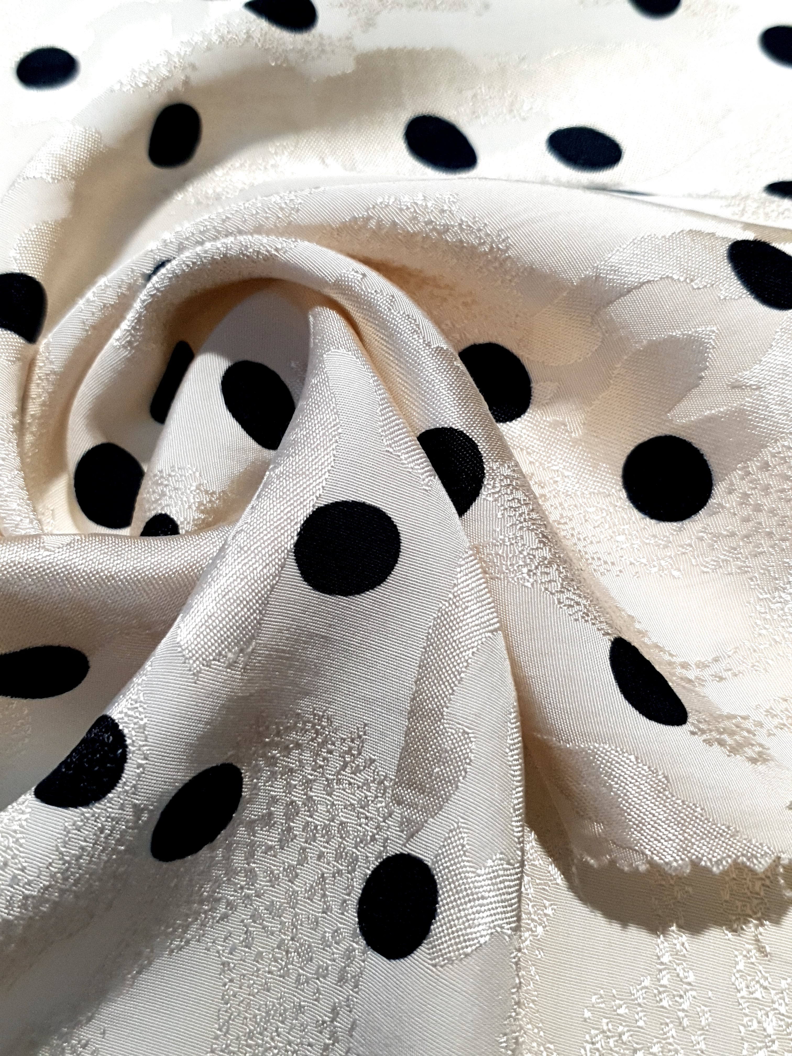 Polka Dot Printed Jacquard Fabric Drape Close Up in Rayon Viscose