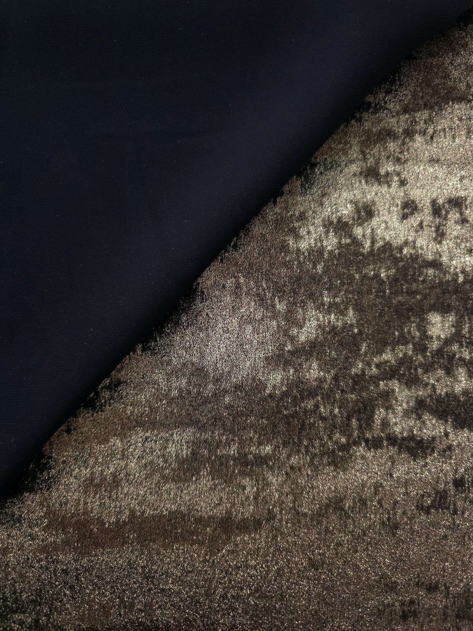 Reverse side of Antique Olive Lurex Italiano fabric showing the backing and metallic finish for garment production.