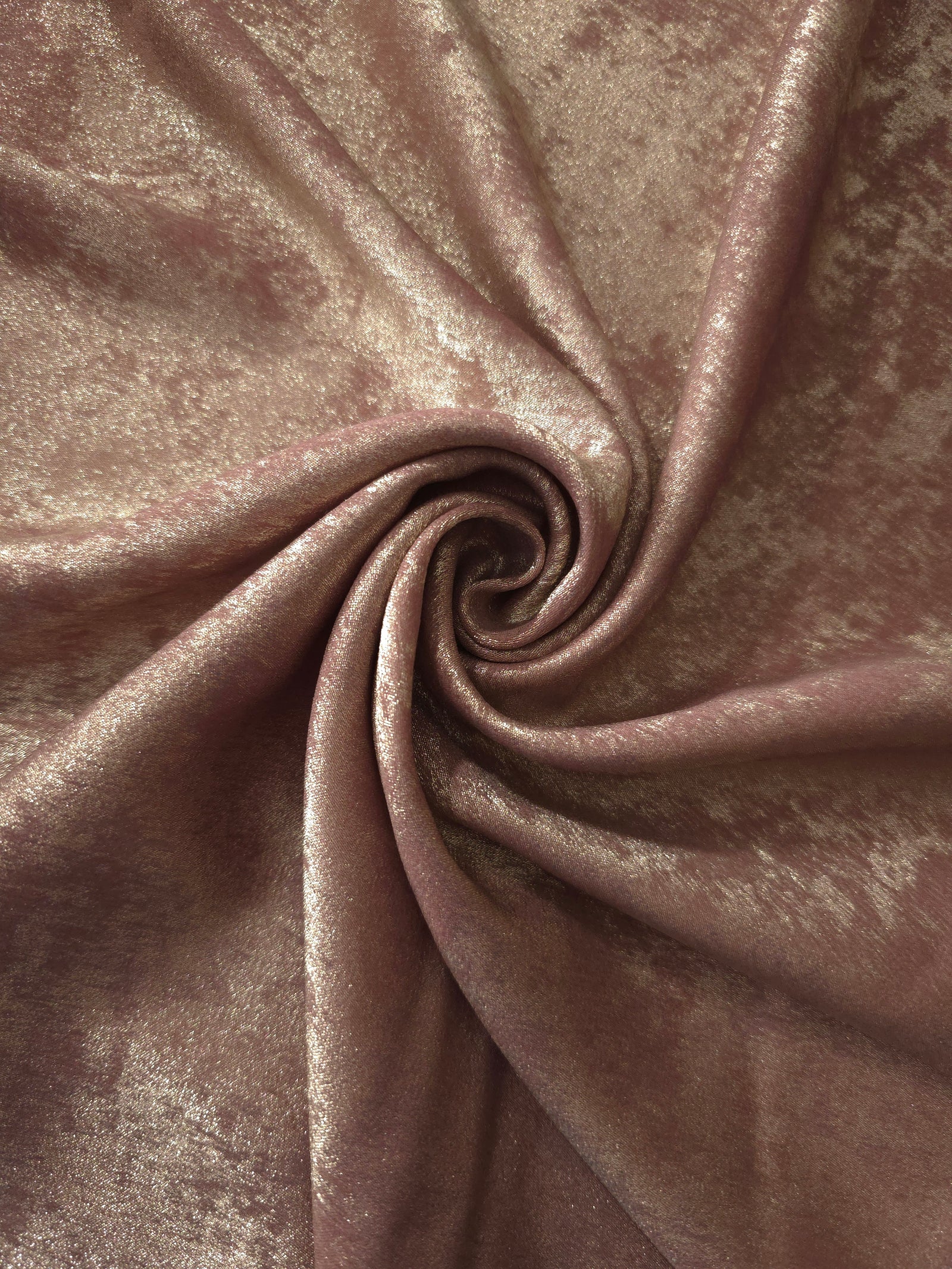 Rosette drape of Blush Taupe Lurex Italiano fabric emphasizing shimmer for kaftans and occasionwear.