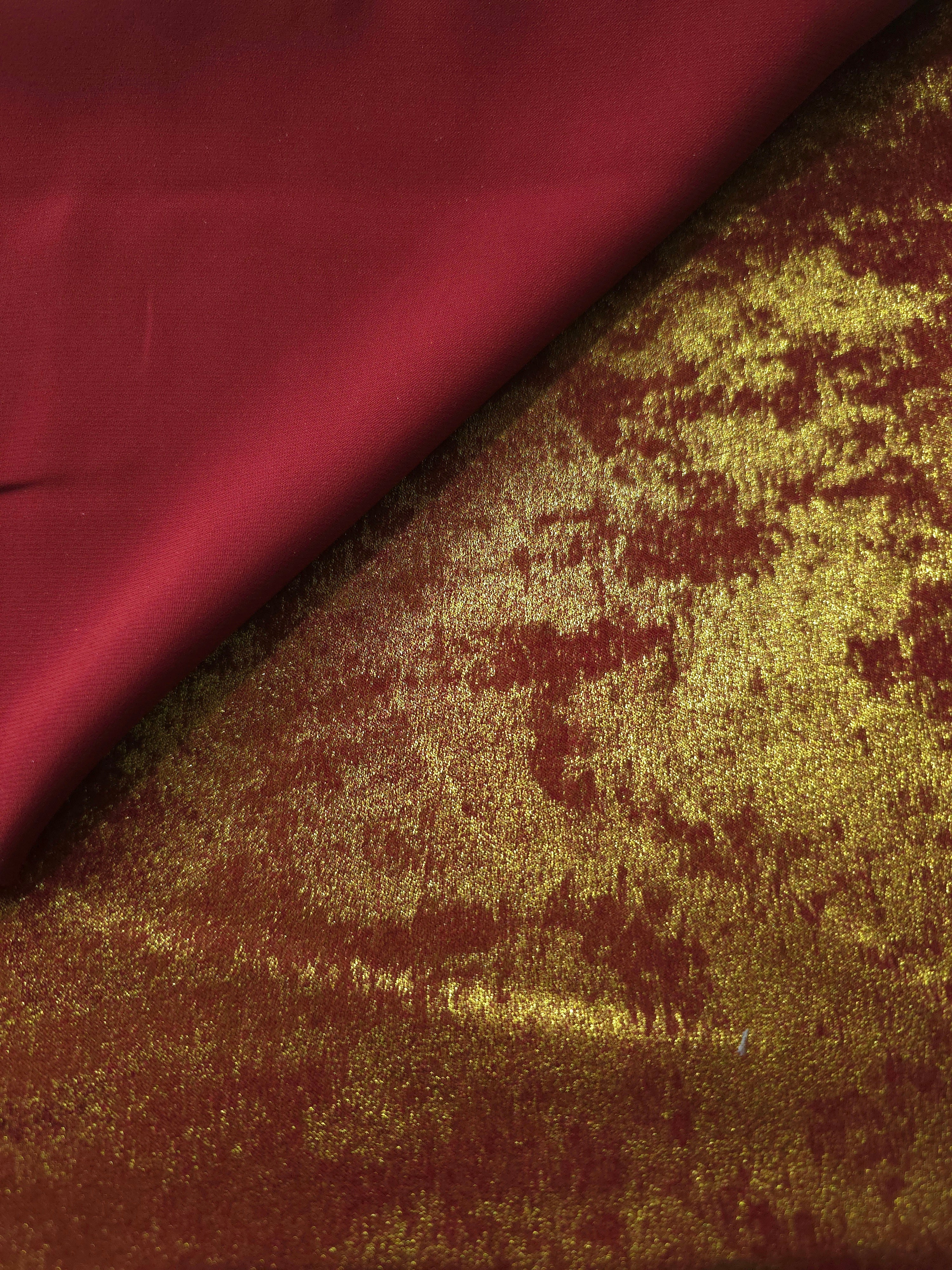 Reverse side of Burgundy Gold Lurex Italiano fabric showing the backing and metallic finish for garment production.