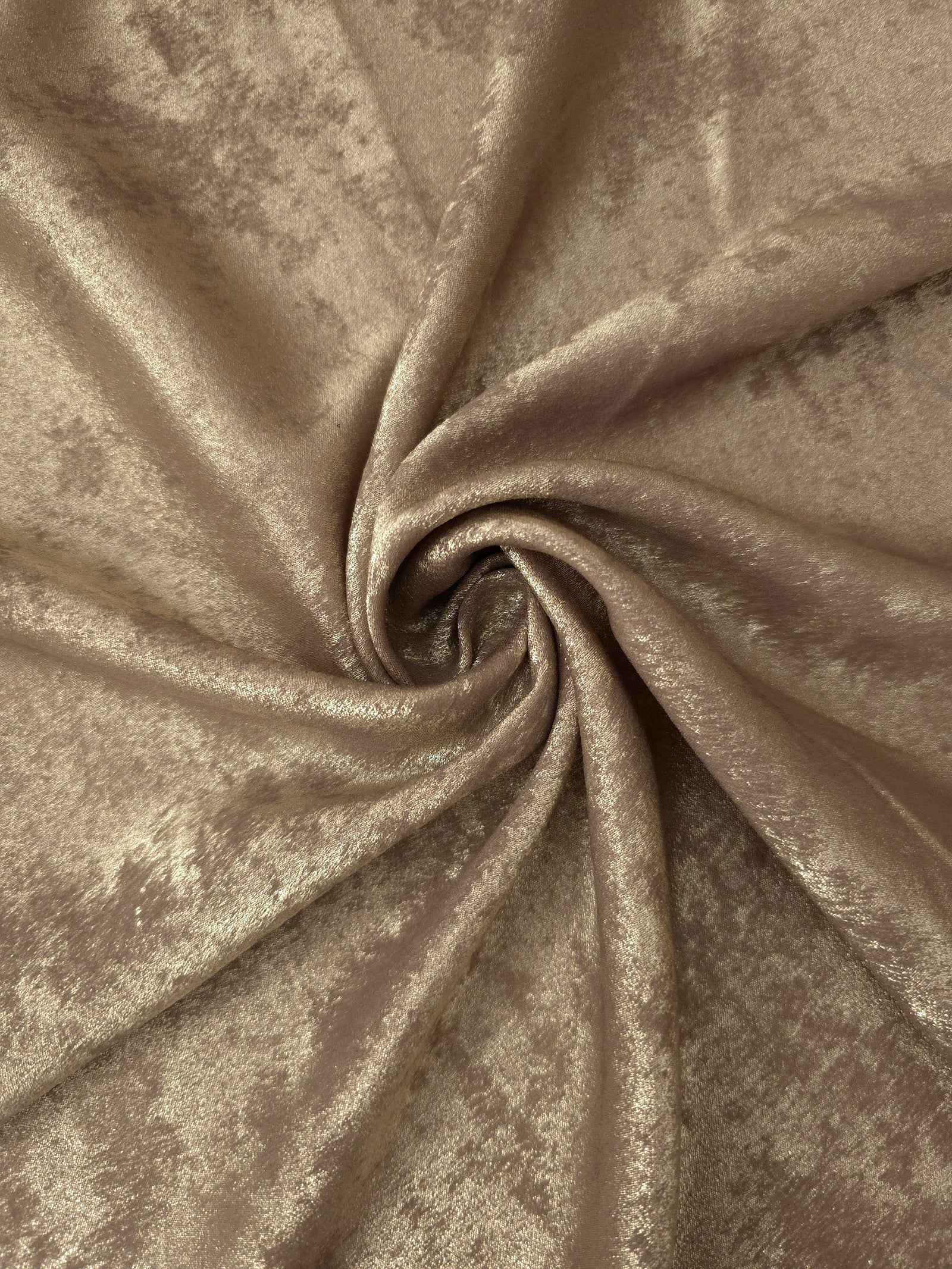 Rosette drape of Champagne Beige Lurex Italiano fabric emphasizing shimmer for kaftans and occasionwear.