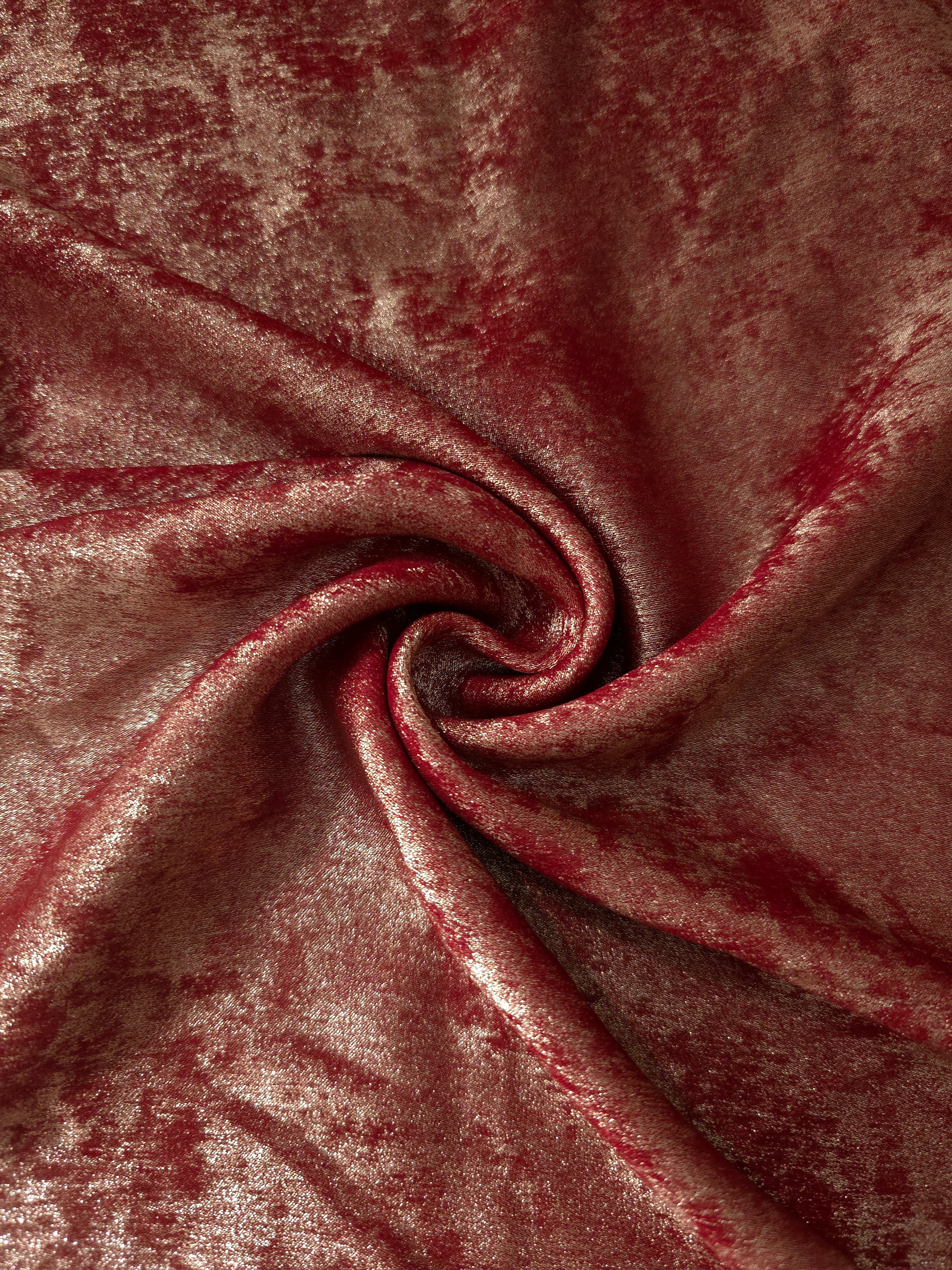 Rosette drape of Garnet Rose Lurex Italiano fabric emphasizing shimmer for kaftans and occasionwear.