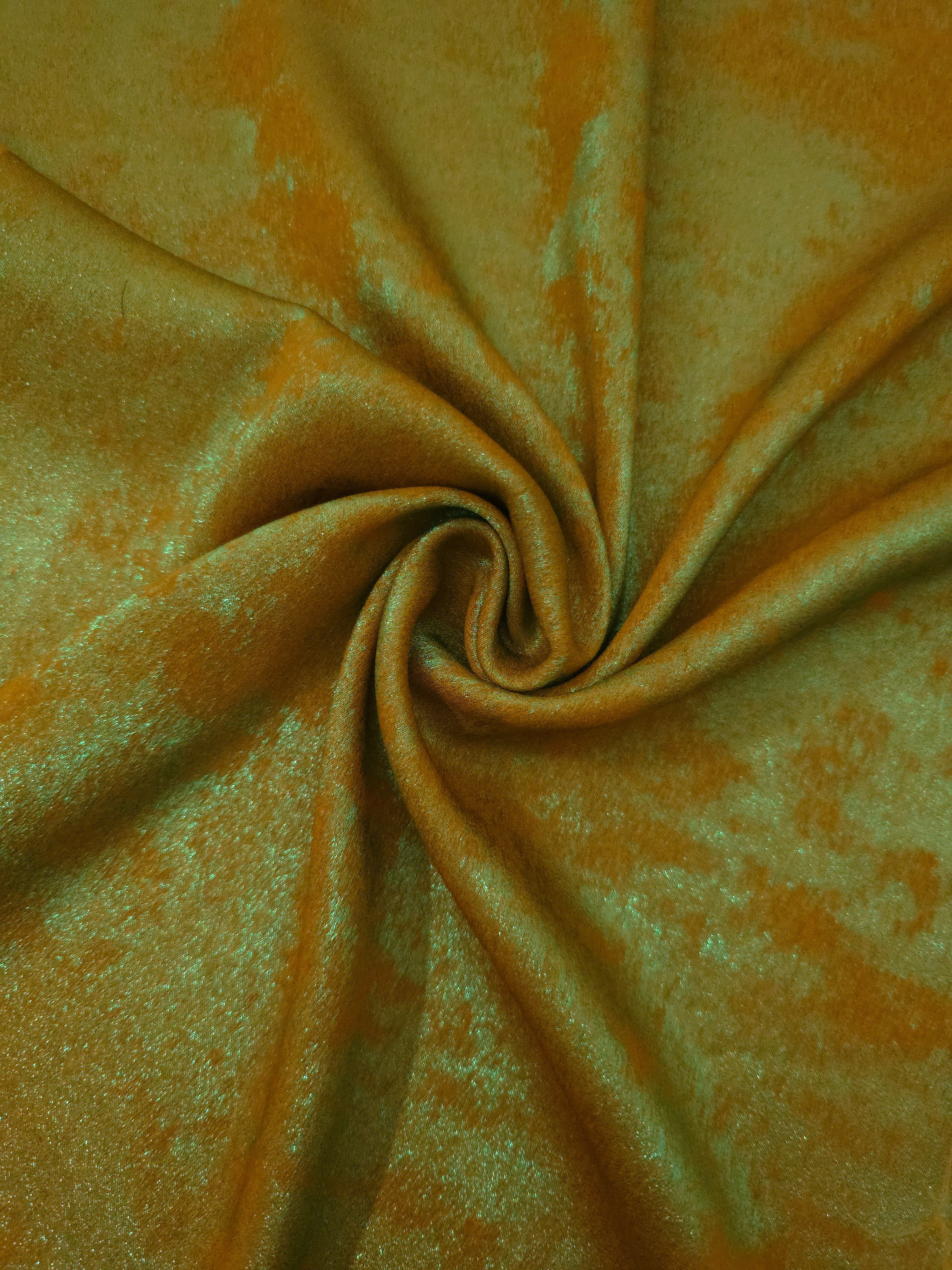 Rosette drape of Golden Olive Lurex Italiano fabric emphasizing shimmer for kaftans and occasionwear.
