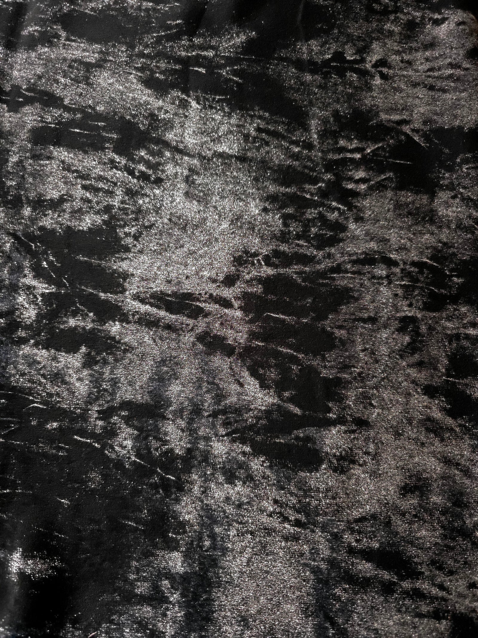 Flat view of Jet Black Lurex Italiano fabric showing its metallic foil surface for luxury apparel.