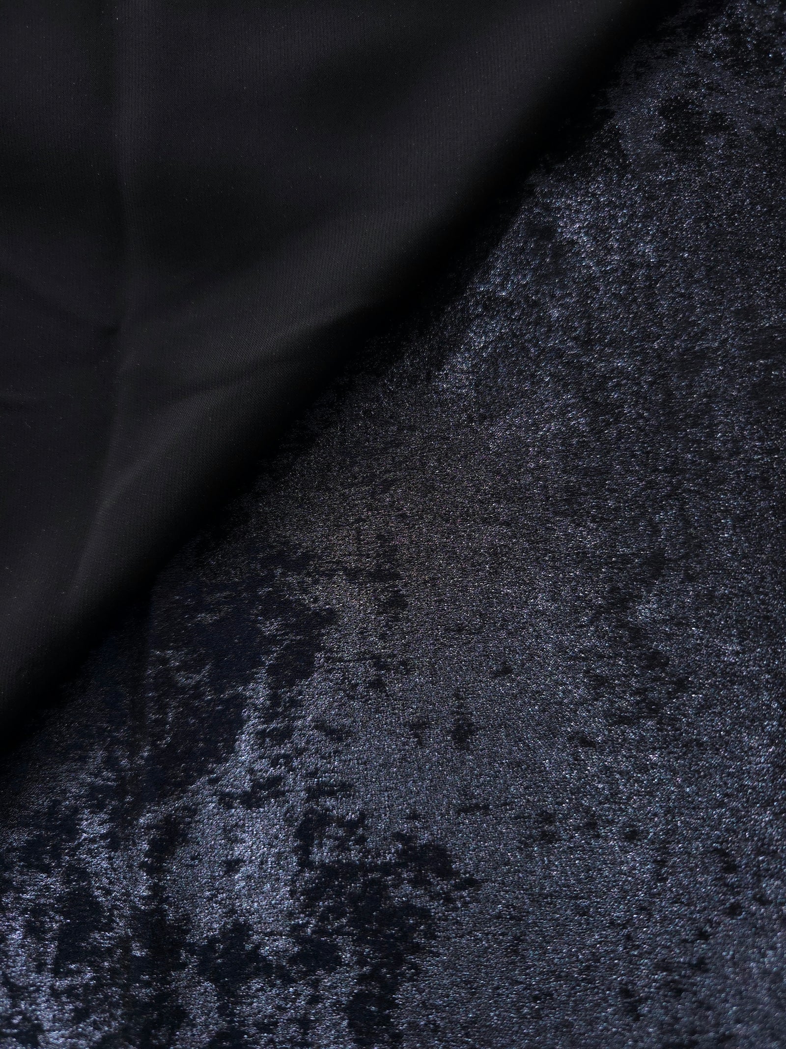 Flowing folds of Midnight Navy Lurex Italiano fabric highlighting drape for abayas, kaftans and dresses.