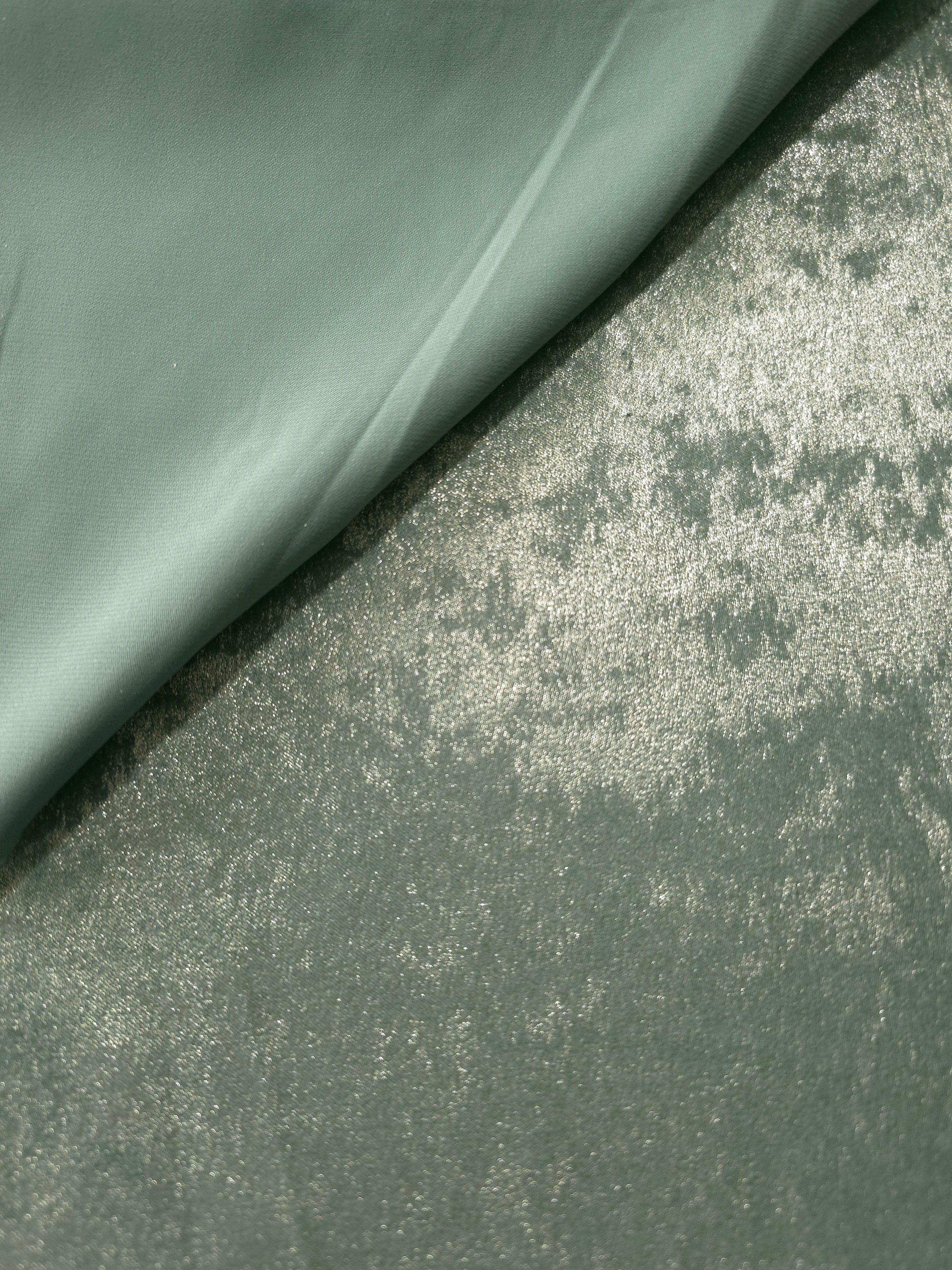 Macro close-up of Misty Sage Lurex Italiano metallic fabric with pearly shimmer