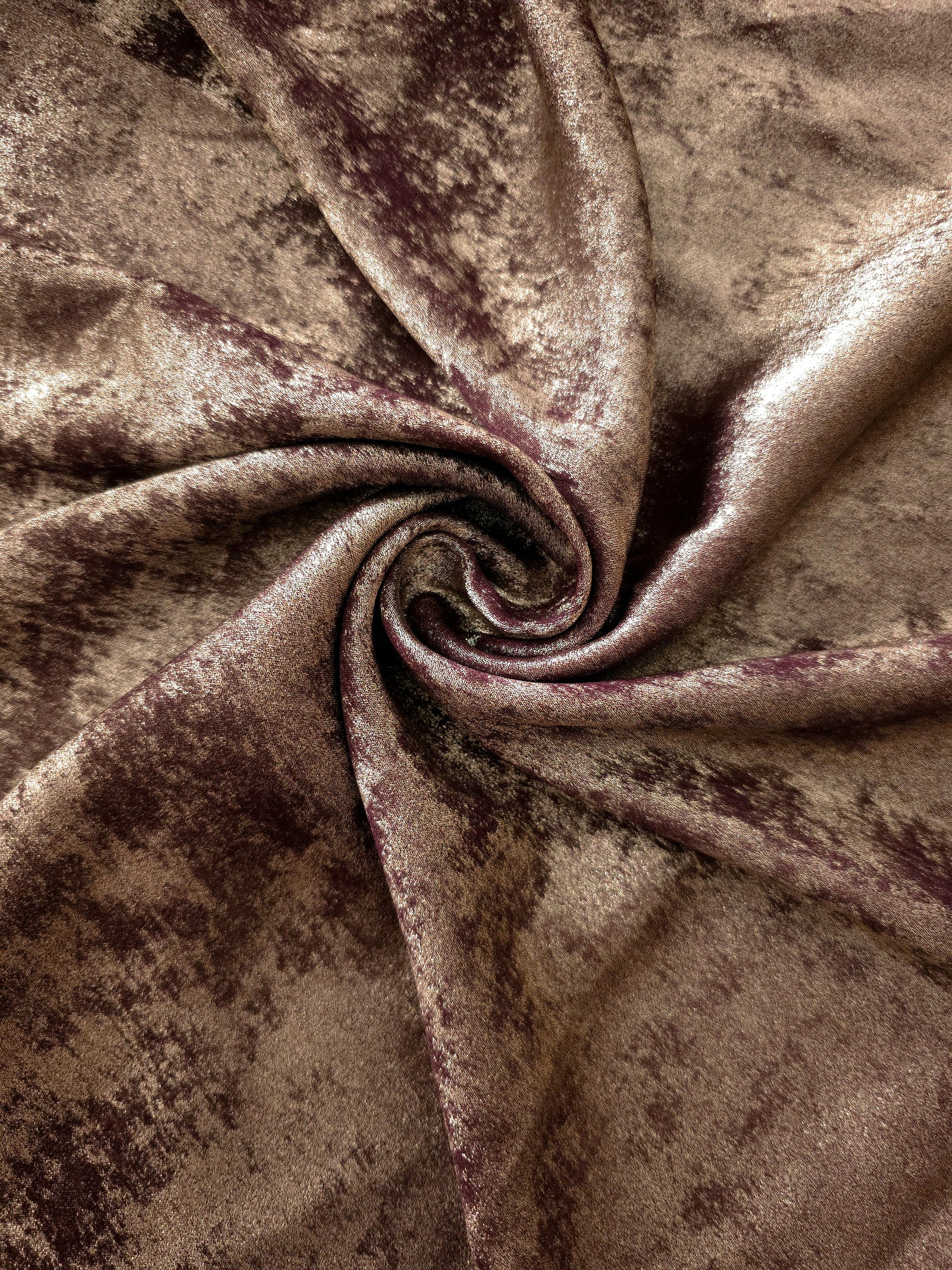 Rosette drape of Mushroom Taupe Lurex Italiano fabric emphasizing shimmer for kaftans and occasionwear.